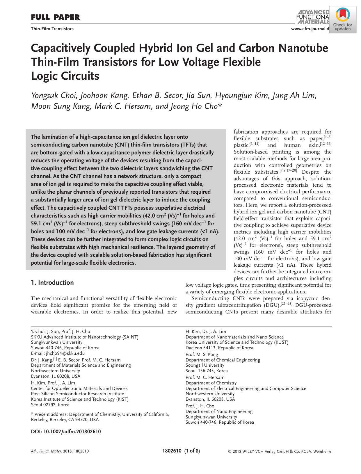 Capacitively Coupled Hybrid Ion Gel and Carbon Nanotube ThinâFilm Transistors for Low Voltage Flexible Logic Circuits by Unknown