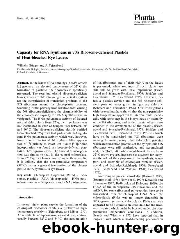 Capacity for RNA synthesis in 70S ribosome-deficient plastids of heat-bleached rye leaves by Unknown