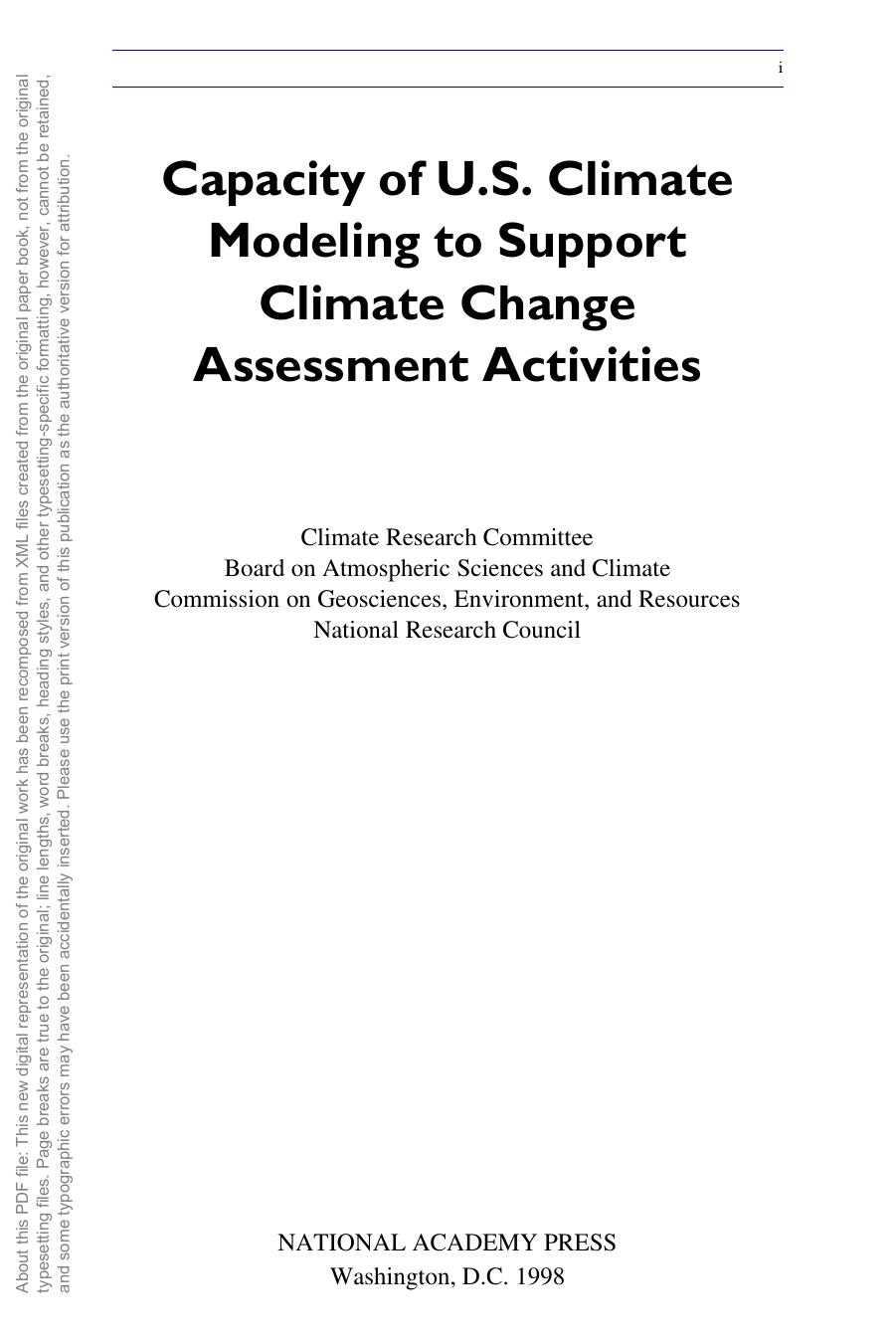 Capacity of U.S. Climate Modeling to Support Climate Change Assessment Activities by National Research Council