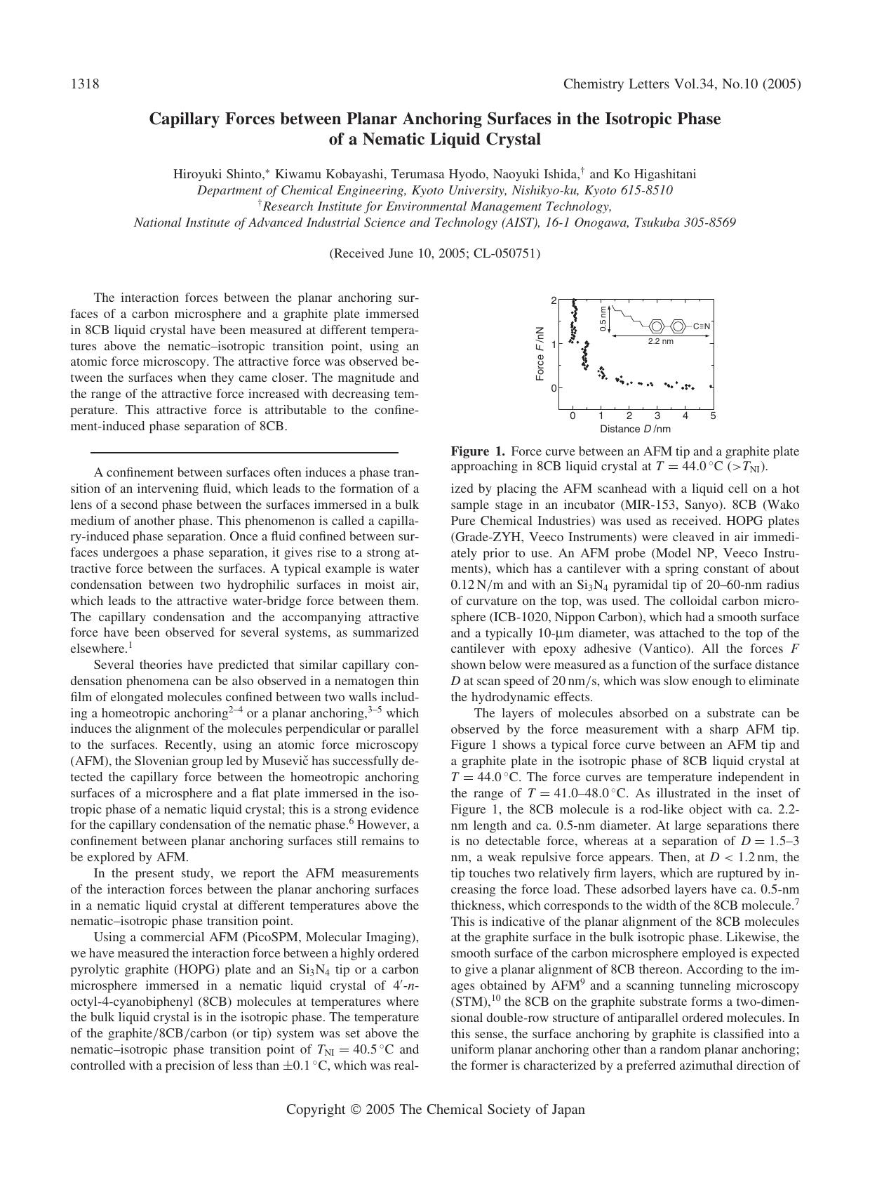 Capillary Forces between Planar Anchoring Surfaces in the Isotropic Phase of a Nematic Liquid Crystal by Hiroyuki Shinto Kiwamu Kobayashi Terumasa Hyodo Naoyuki Ishida and Ko Higashitani
