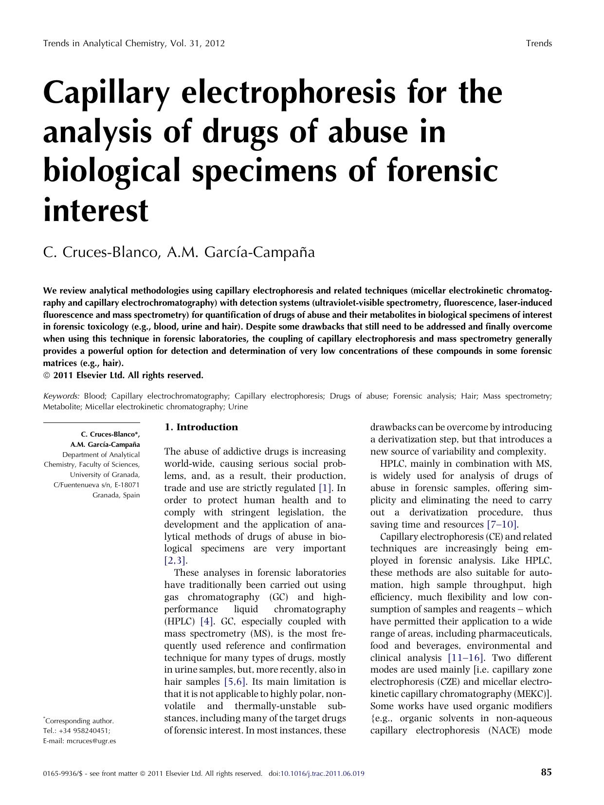 Capillary electrophoresis for the analysis of drugs of abuse in biological specimens of forensic interest by C. Cruces-Blanco & A.M. García-Campaña