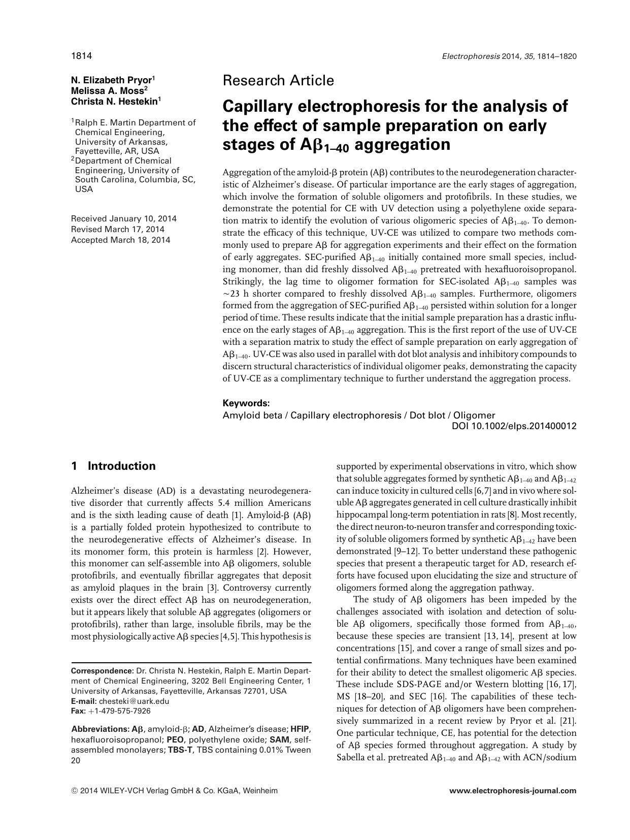 Capillary electrophoresis for the analysis of the effect of sample preparation on early stages of A&#x003B2;<sub>1&#x02013;40<sub> aggregation by Unknown