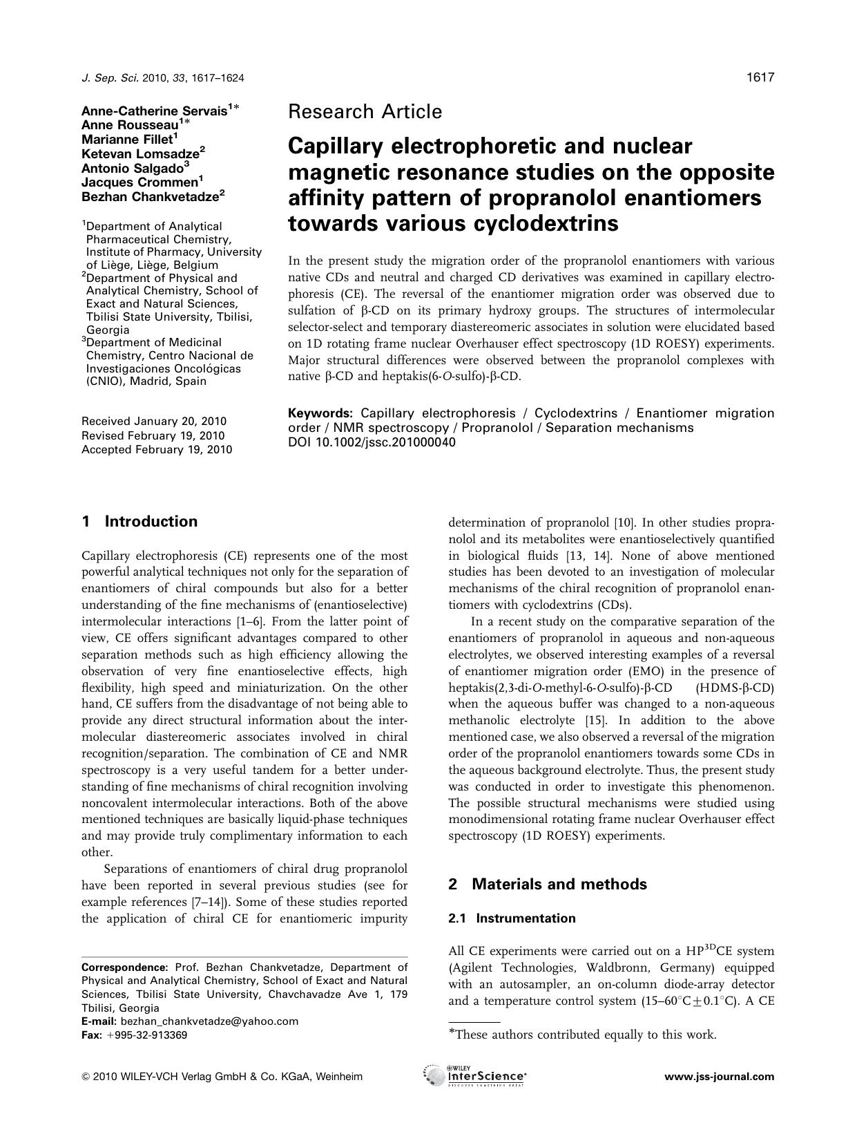 Capillary electrophoretic and nuclear magnetic resonance studies on the opposite affinity pattern of propranolol enantiomers towards various cyclodextrins by Unknown