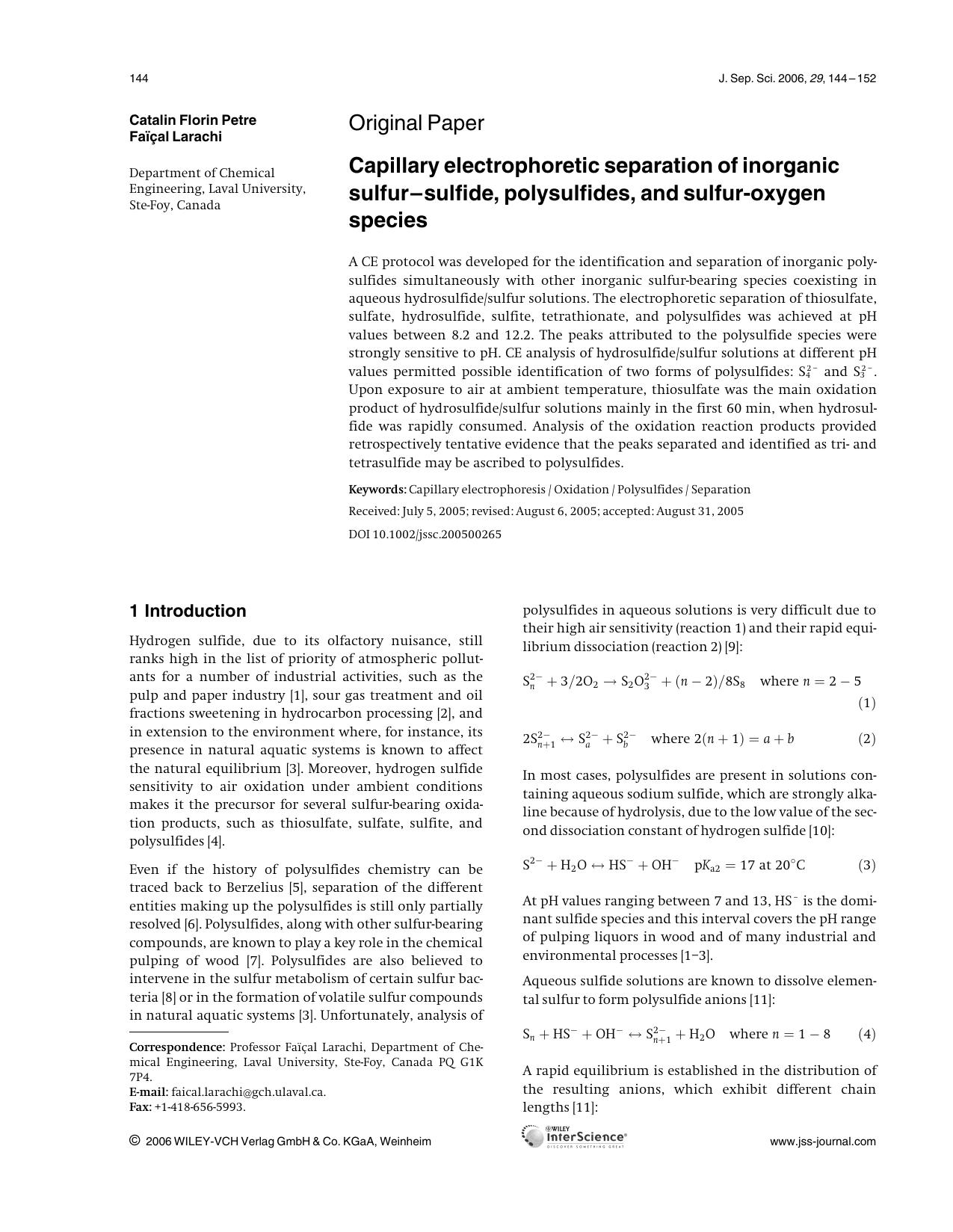 Capillary electrophoretic separation of inorganic sulfur-sulfide, polysulfides, and sulfur-oxygen species by Unknown