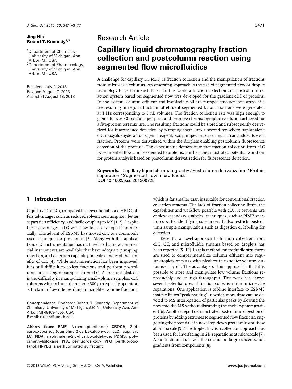 Capillary liquid chromatography fraction collection and postcolumn reaction using segmented flow microfluidics by Unknown