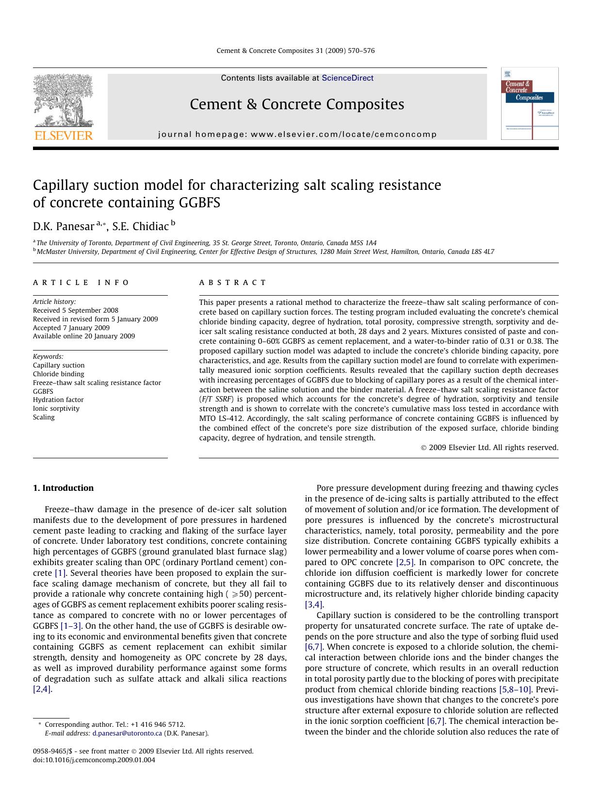 Capillary suction model for characterizing salt scaling resistance of concrete containing GGBFS by D.K. Panesar; S.E. Chidiac