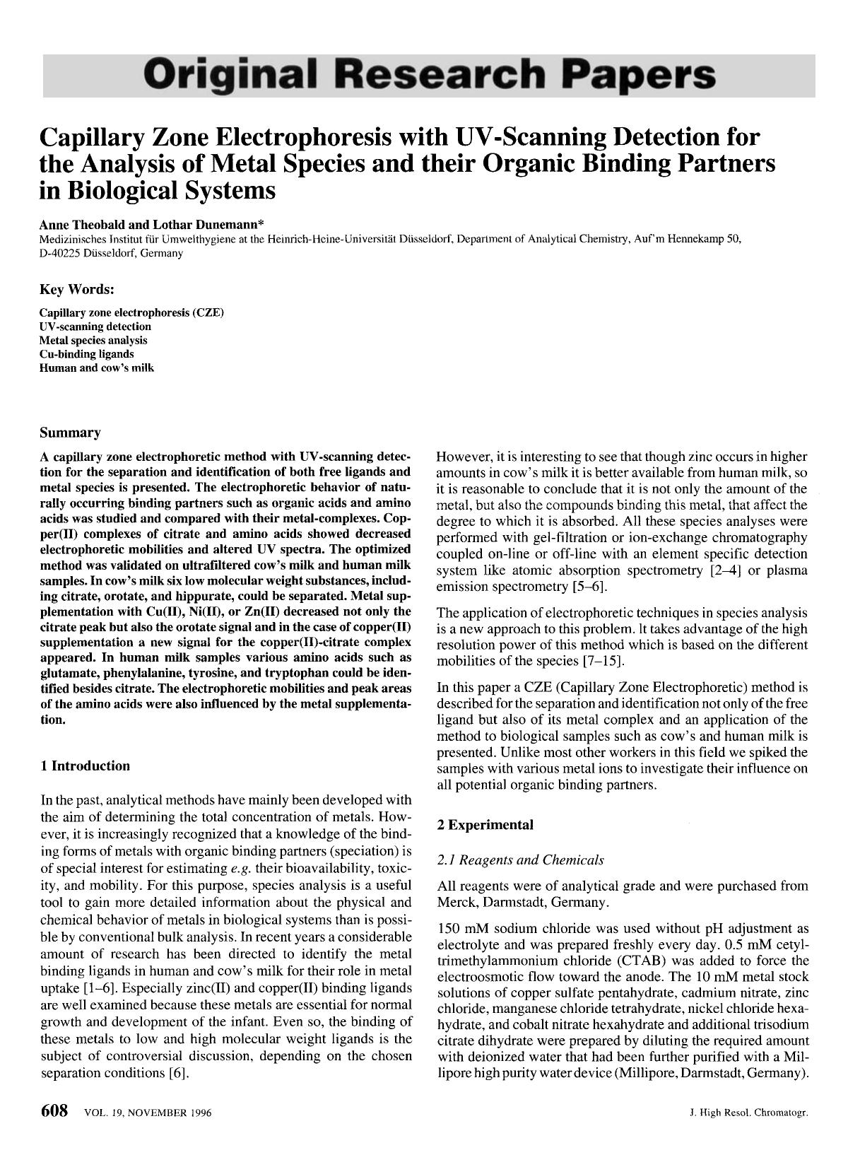 Capillary zone electrophoresis with UV-scanning detection for the analysis of metal species and their organic binding partners in biological systems by Unknown