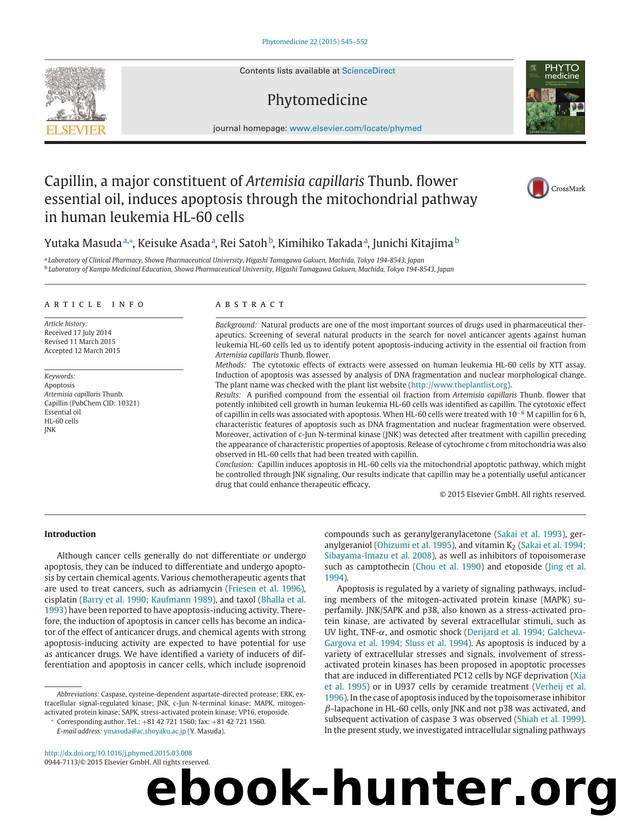 Capillin, a major constituent of Artemisia capillaris Thunb. flower essential oil, induces apoptosis through the mitochondrial pathway in human leukemia HL-60 cells by Yutaka Masuda & Keisuke Asada & Rei Satoh & Kimihiko Takada & Junichi Kitajima