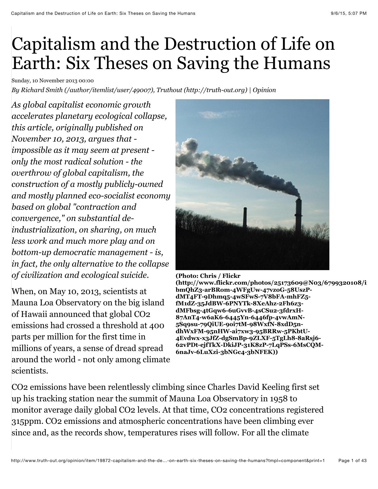 Capitalism and the Destruction of Life on Earth: Six Theses on Saving the Humans by Capitalism Can't Fix The Environment III