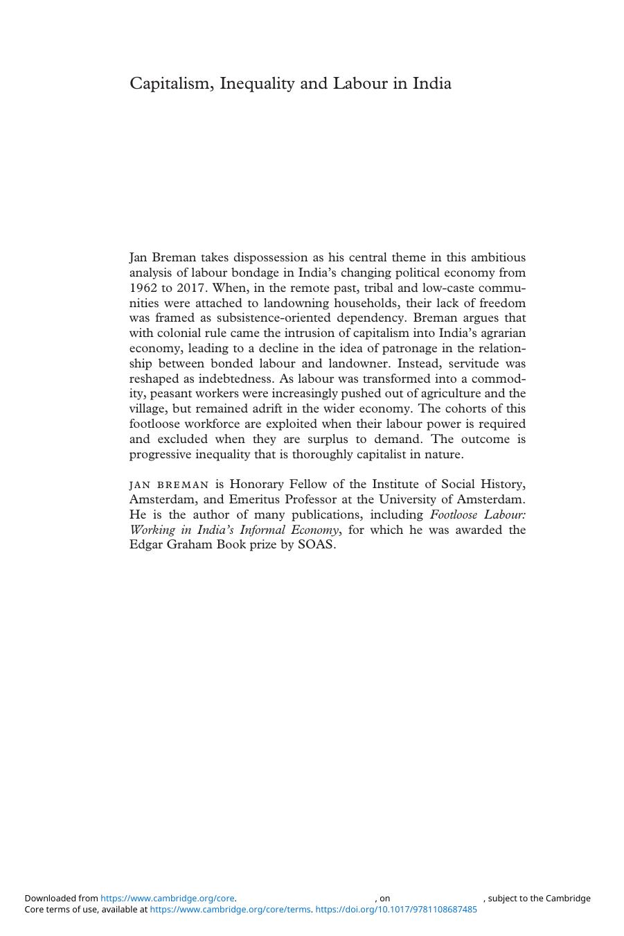 Capitalism, Inequality and Labour in India by jan Breman