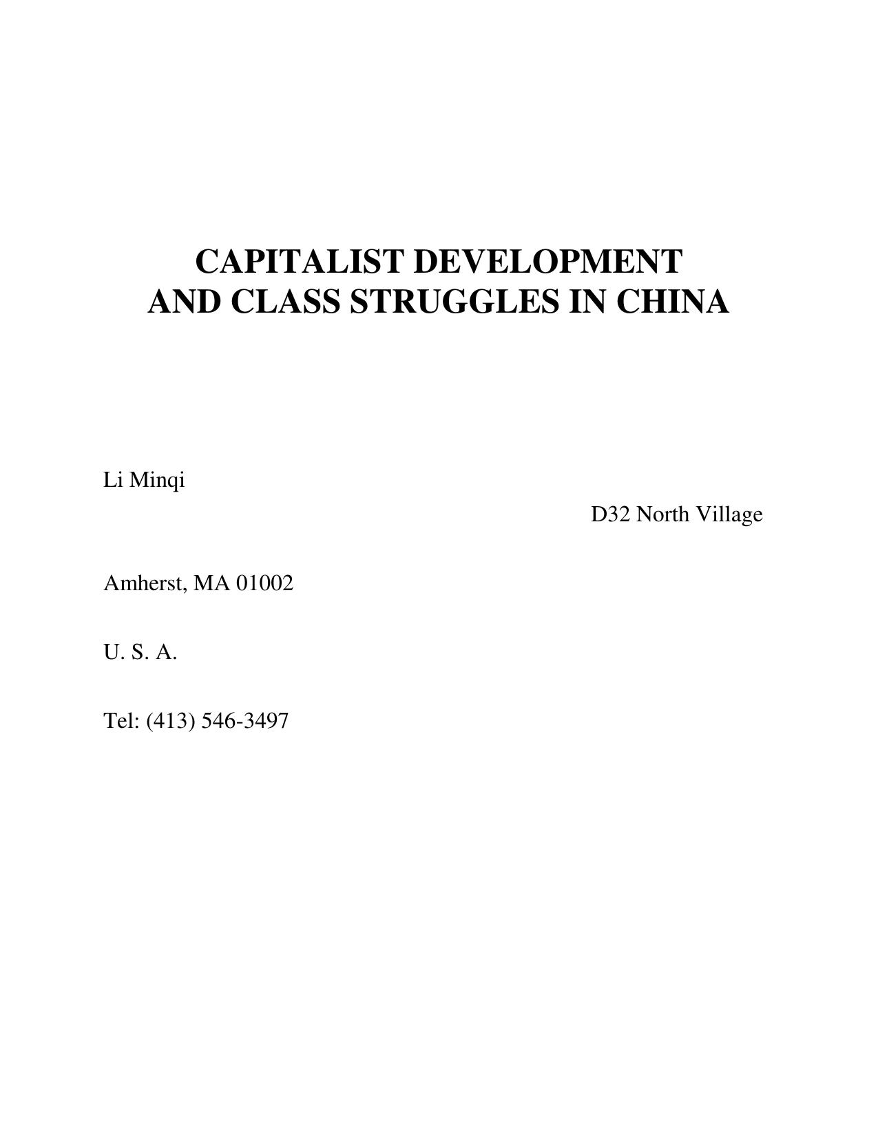 Capitalist Development and Class Struggles in China by Minqi Li