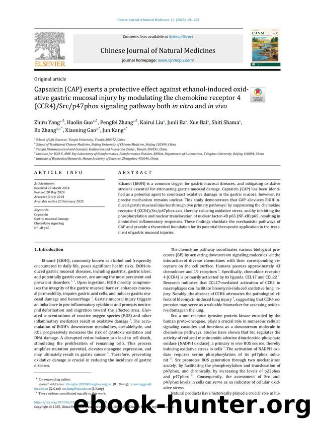 Capsaicin (CAP) exerts a protective effect against ethanol-induced oxidative gastric mucosal injury by modulating the chemokine receptor 4 (CCR4)Srcp47phox signaling pathway both in vitro and in vivo by unknow