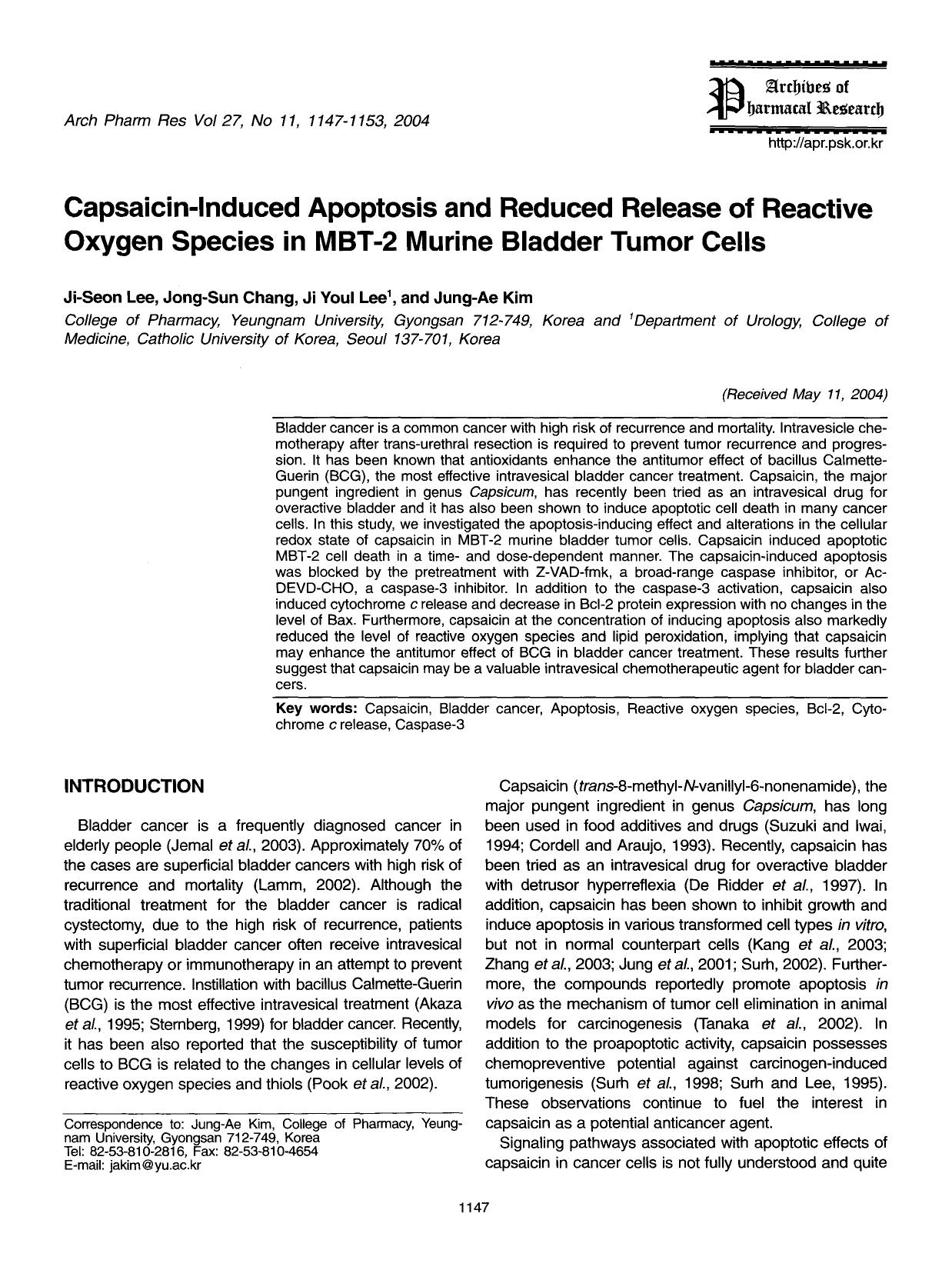 Capsaicin-induced apoptosis and reduced release of reactive oxygen species in MBT-2 Murine Bladder Tumor cells by Unknown