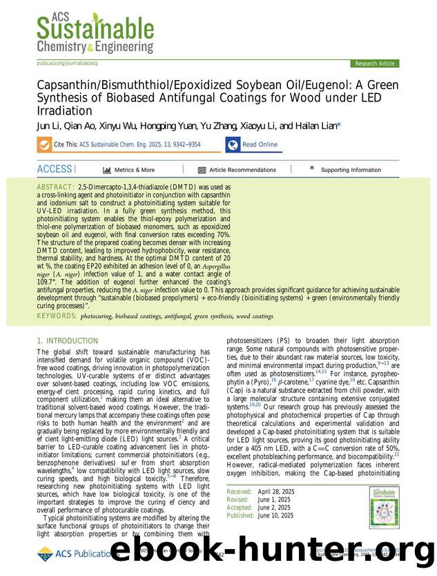 CapsanthinBismuththiolEpoxidized Soybean OilEugenol: A Green Synthesis of Biobased Antifungal Coatings for Wood under LED Irradiation by Jun Li Qian Ao Xinyu Wu Hongping Yuan Yu Zhang Xiaoyu Li and Hailan Lian
