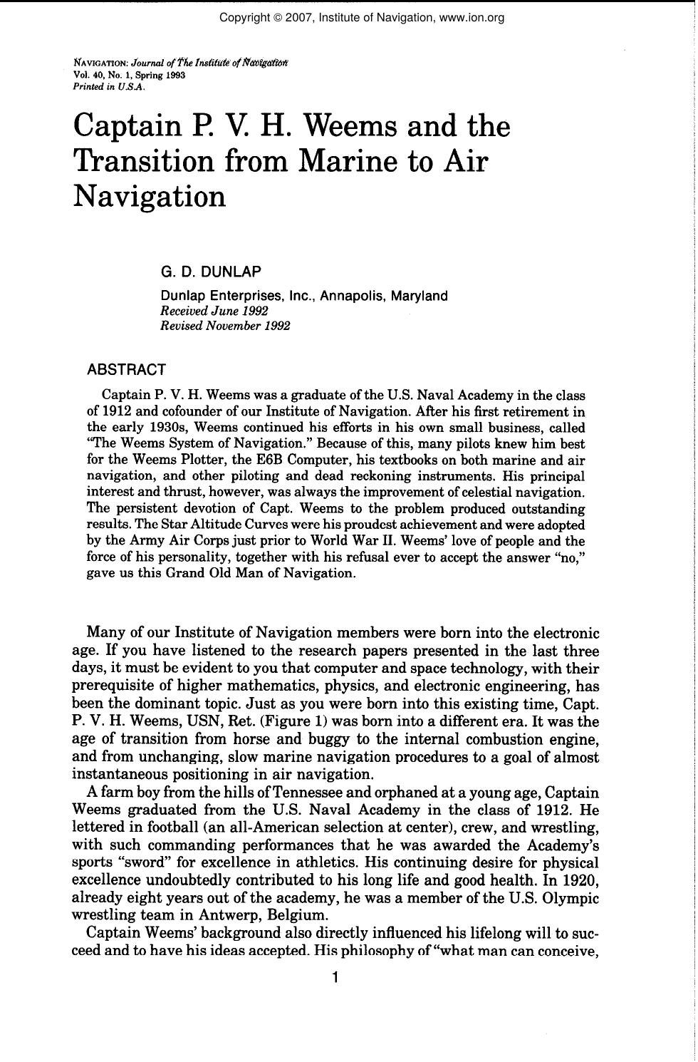 Captain P. V. H. Weems and the Transition from Marine to Air Navigation by G. D. DUNLAP