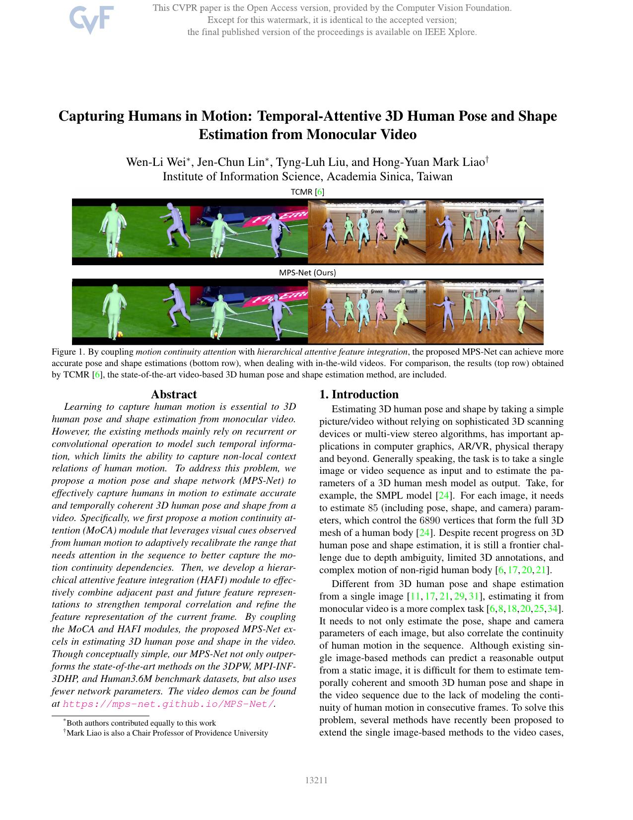 Capturing Humans in Motion: Temporal-Attentive 3D Human Pose and Shape Estimation From Monocular Video by Wen-Li Wei & Jen-Chun Lin & Tyng-Luh Liu & Hong-Yuan Mark Liao