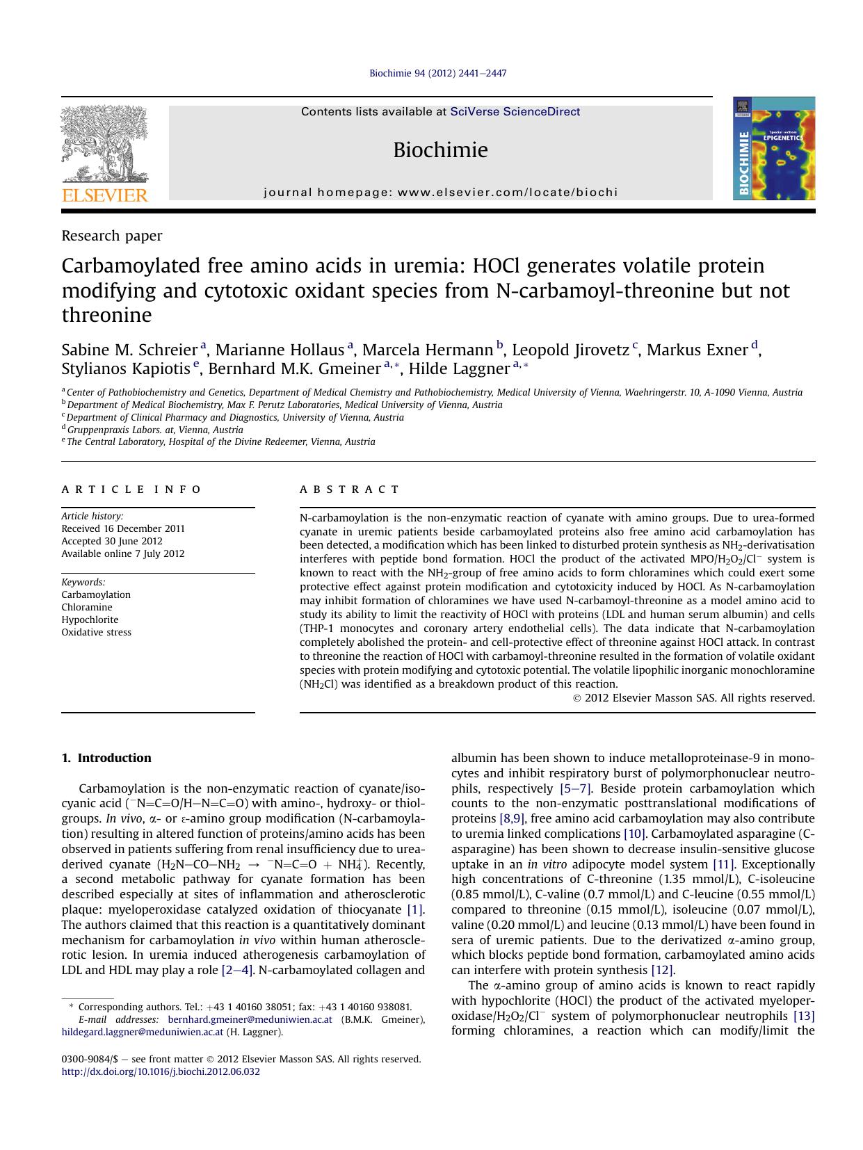 Carbamoylated free amino acids in uremia: HOCl generates volatile protein modifying and cytotoxic oxidant species from N-carbamoyl-threonine but not threonine by unknow