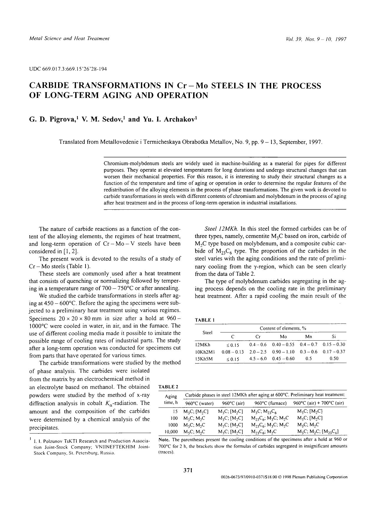 Carbide transformations in Cr−Mo steels in the process of long-term aging and operation by Unknown