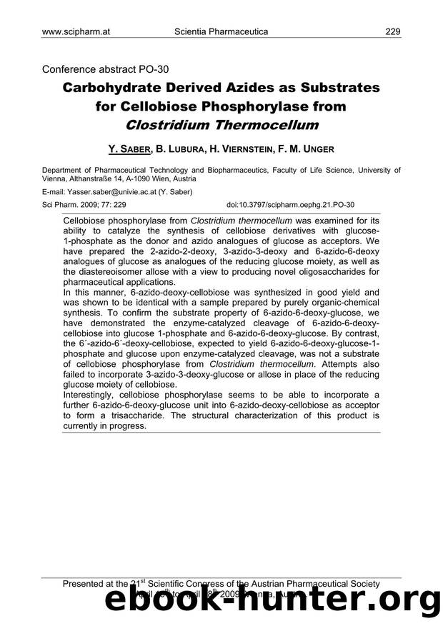 Carbohydrate Derived Azides as Substrates for Cellobiose Phosphorylase from Clostridium Thermocellum by Y. SABER & B. LUBURA & H. VIERNSTEIN & F. M. UNGER
