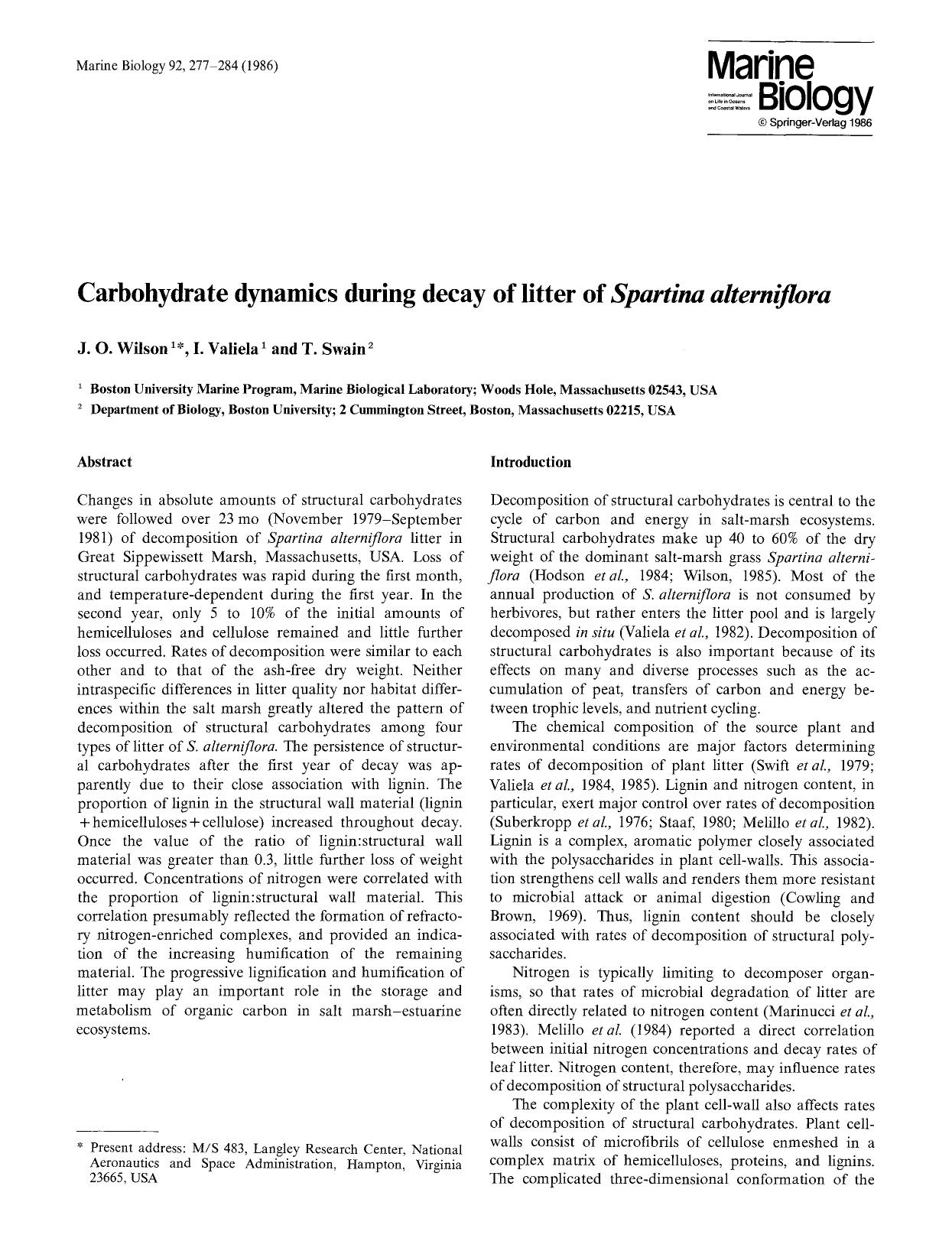 Carbohydrate dynamics during decay of litter of <Emphasis Type="Italic">Spartina alterniflora<Emphasis> by Unknown