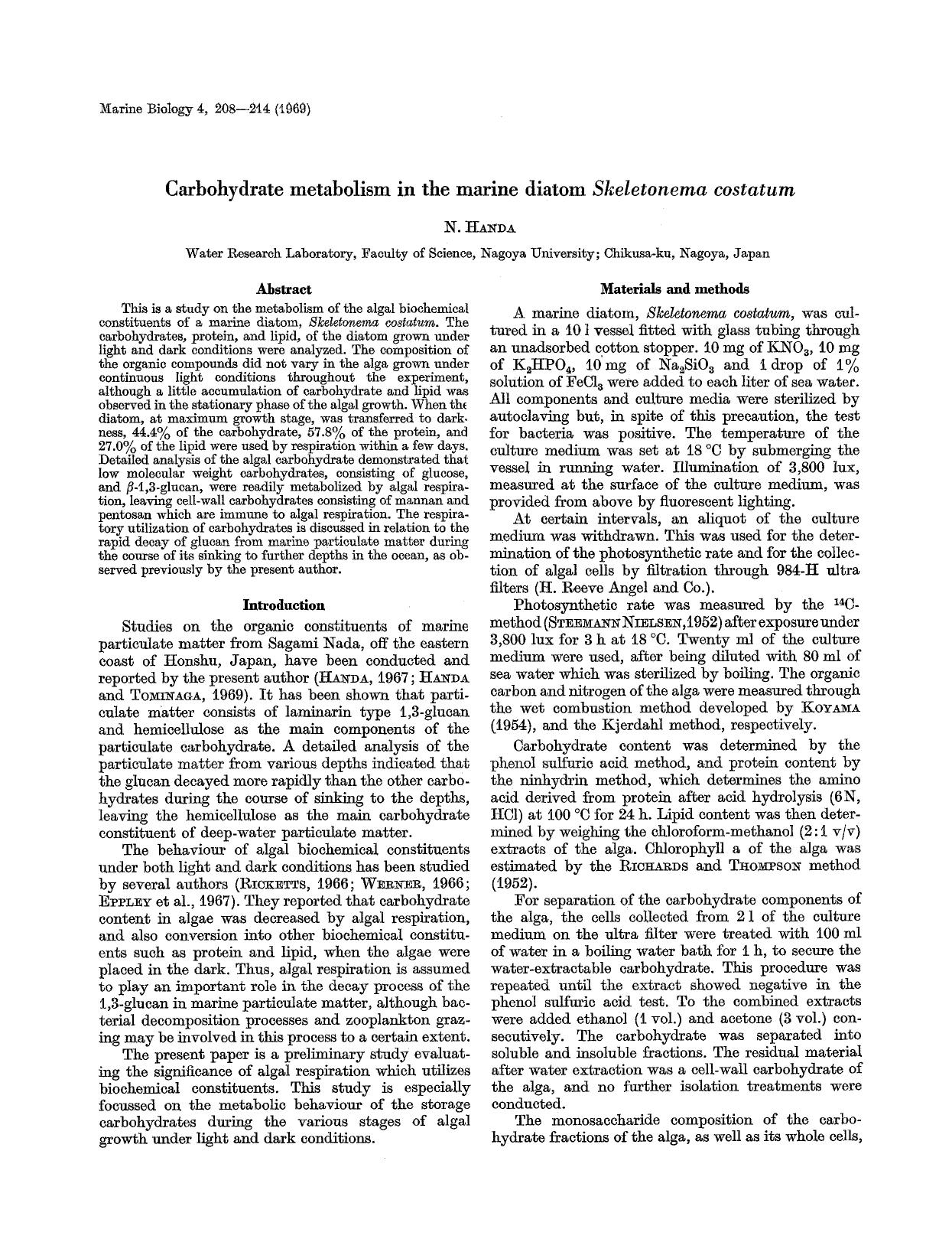 Carbohydrate metabolism in the marine diatom <Emphasis Type="Italic">Skeletonema costatum<Emphasis> by Unknown