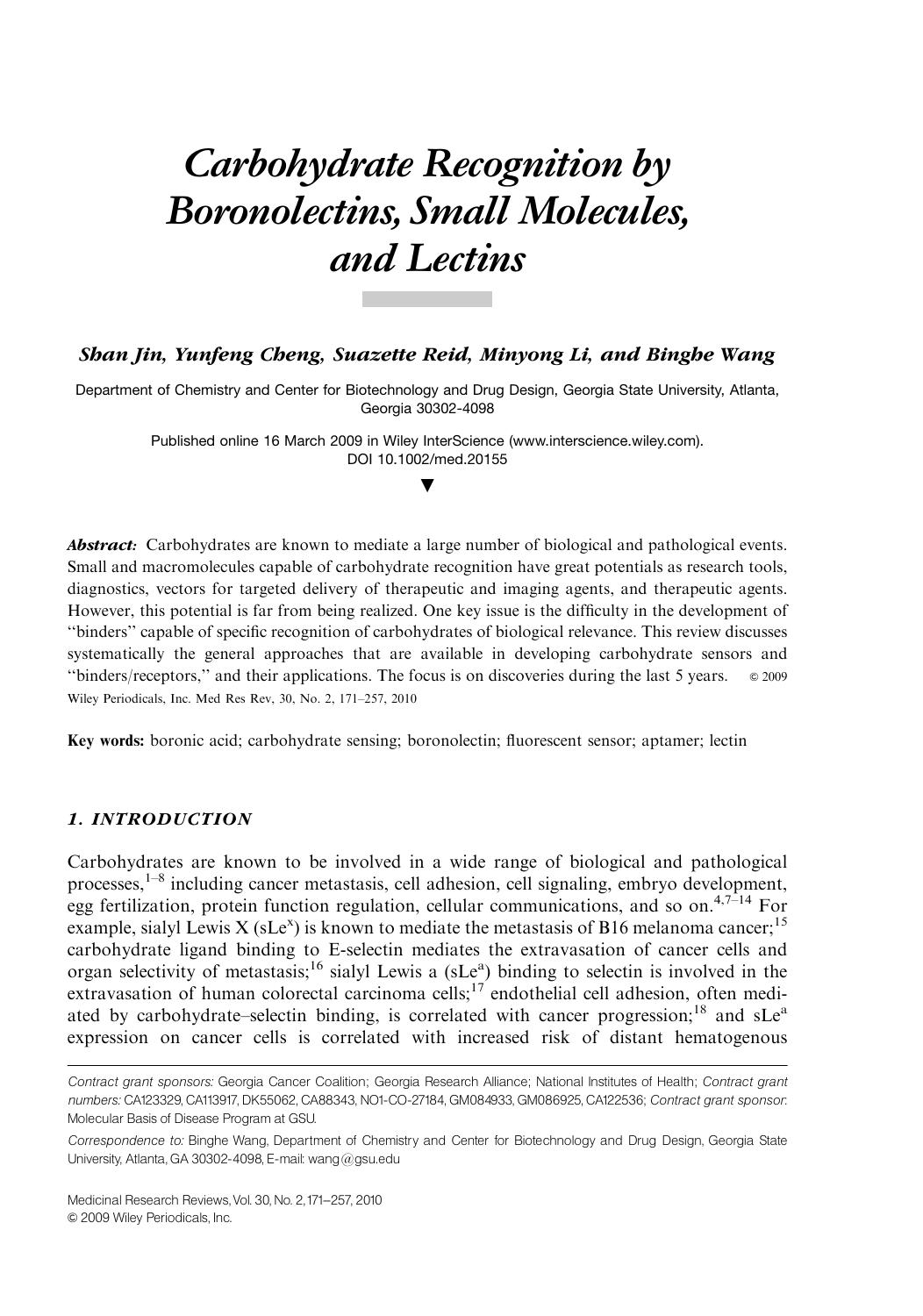 Carbohydrate recognition by boronolectins, small molecules, and lectins by Unknown