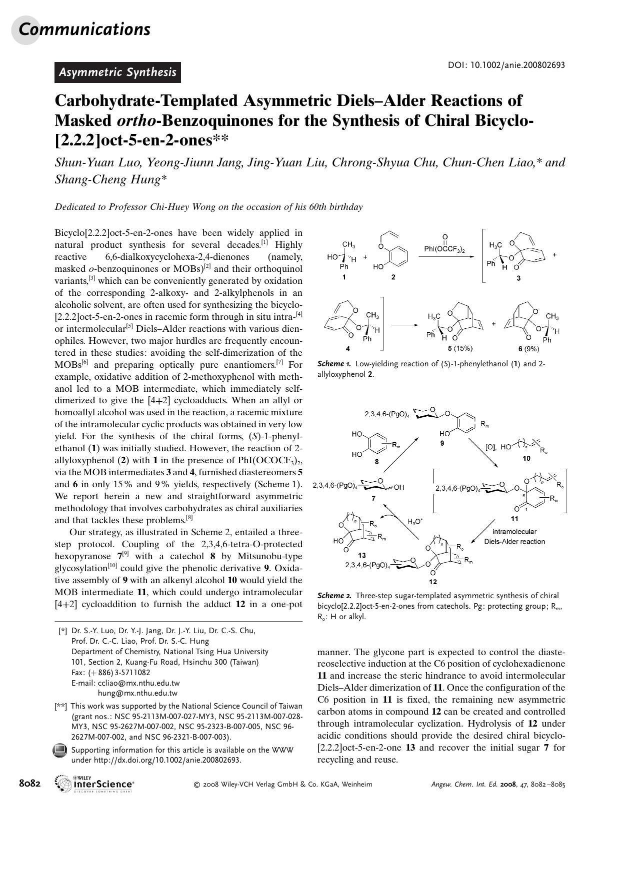 Carbohydrate-Templated Asymmetric Diels-Alder Reactions of Masked ortho-Benzoquinones for the Synthesis of Chiral Bicyclo[2.2.2]oct-5-en-2-ones by Unknown