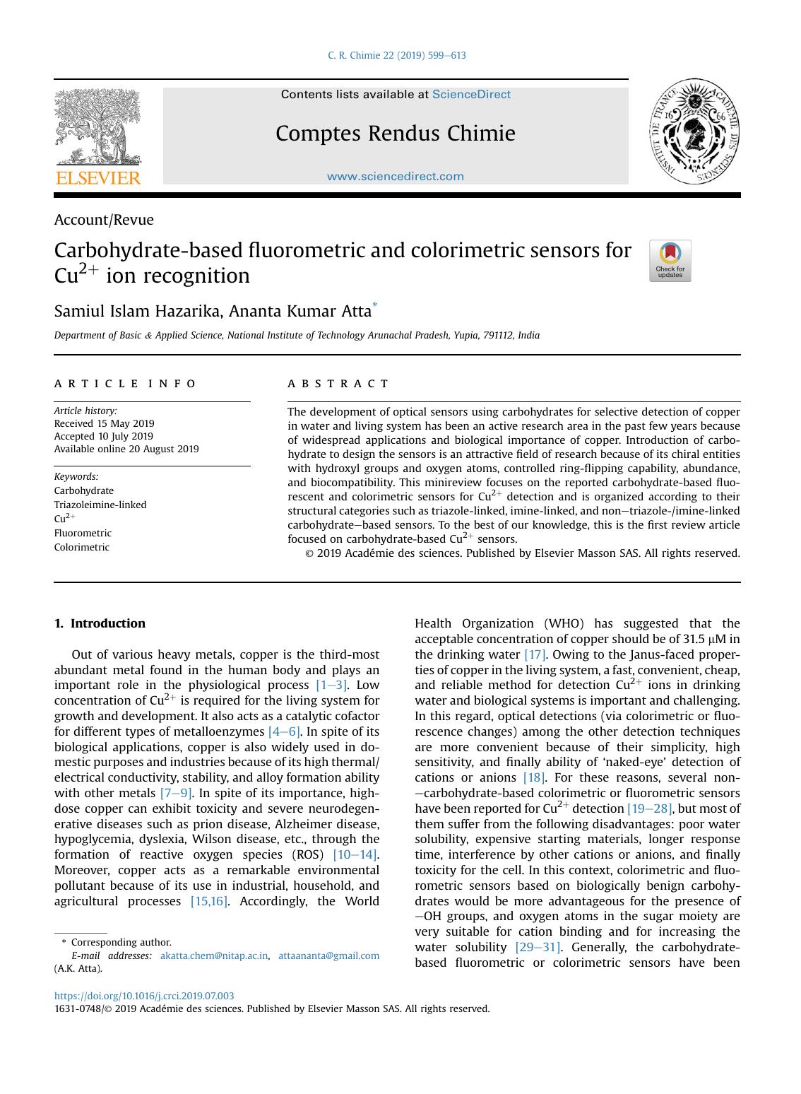 Carbohydrate-based fluorometric and colorimetric sensors for Cu2+ ion recognition by Samiul Islam Hazarika