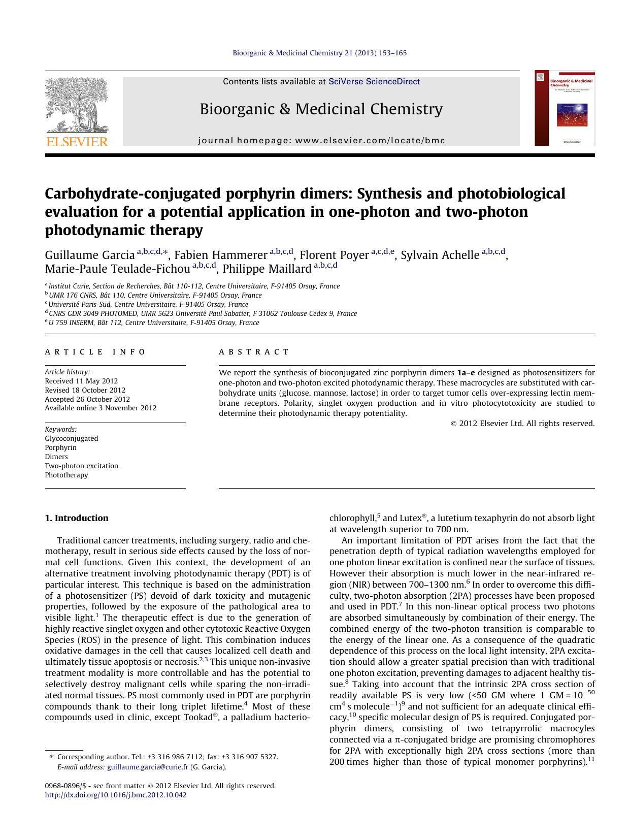 Carbohydrate-conjugated porphyrin dimers: Synthesis and photobiological evaluation for a potential application in one-photon and two-photon photodynamic therapy by unknow