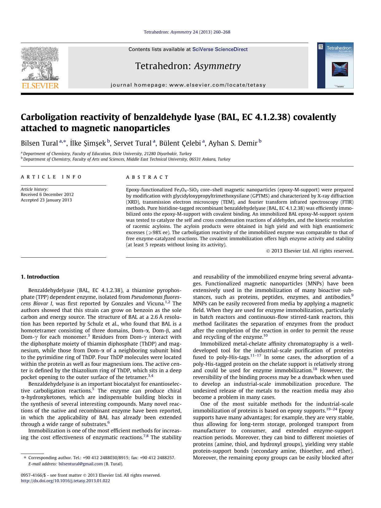 Carboligation reactivity of benzaldehyde lyase (BAL, EC 4.1.2.38) covalently attached to magnetic nanoparticles by Bilsen Tural & İlke Şimşek & Servet Tural & Bülent Çelebi & Ayhan S. Demir
