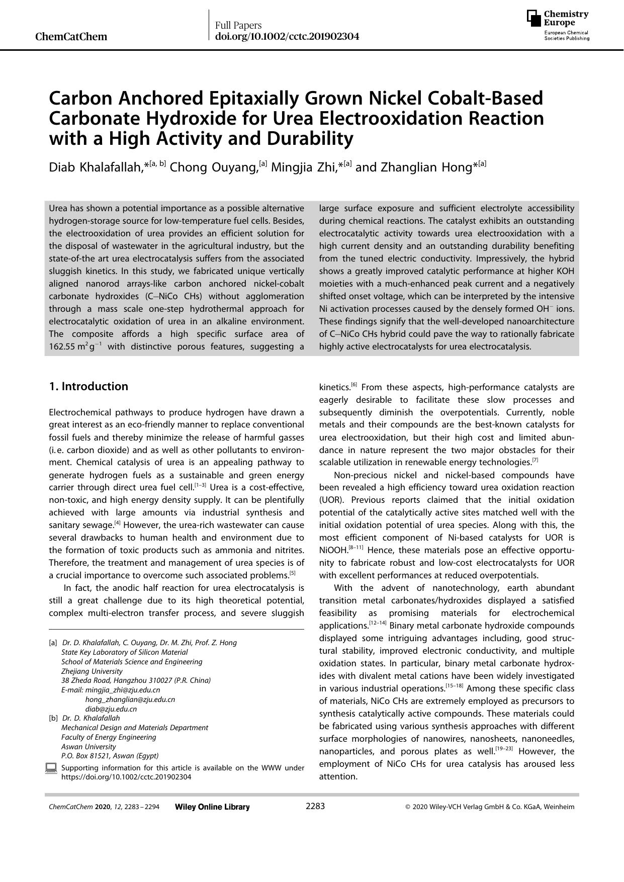 Carbon Anchored Epitaxially Grown Nickel CobaltâBased Carbonate Hydroxide for Urea Electrooxidation Reaction with a High Activity and Durability by Unknown