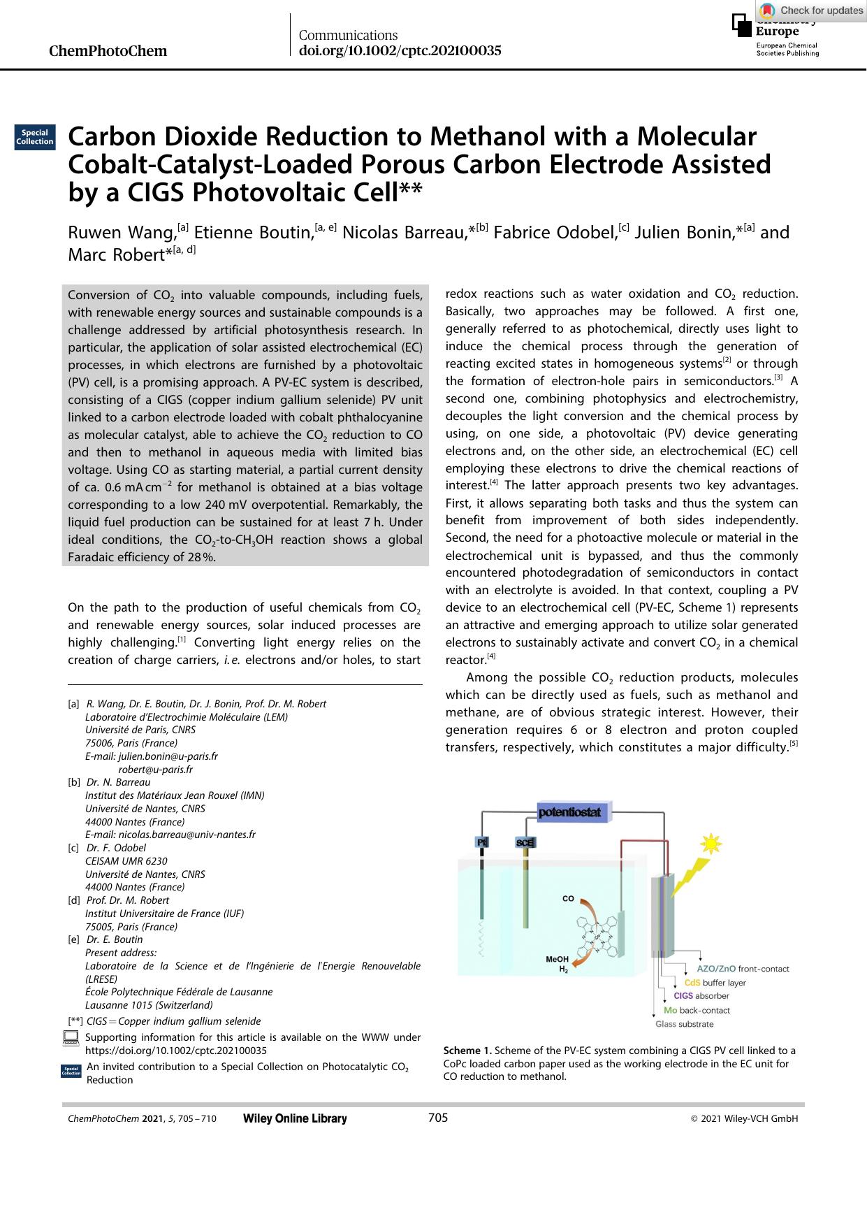 Carbon Dioxide Reduction to Methanol with a Molecular CobaltâCatalystâLoaded Porous Carbon Electrode Assisted by a CIGS Photovoltaic Cell** by Unknown