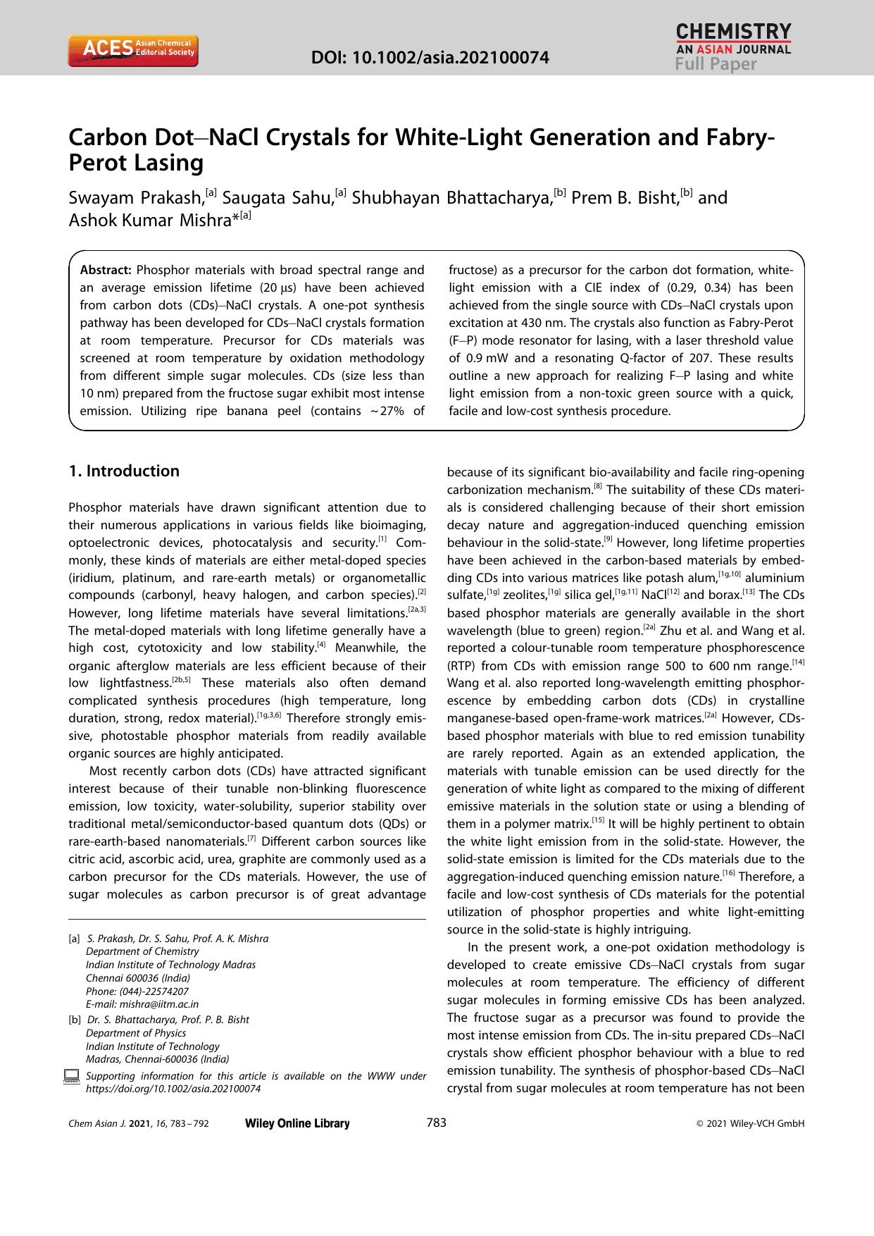 Carbon DotâNaCl Crystals for WhiteâLight Generation and FabryâPerot Lasing by Unknown