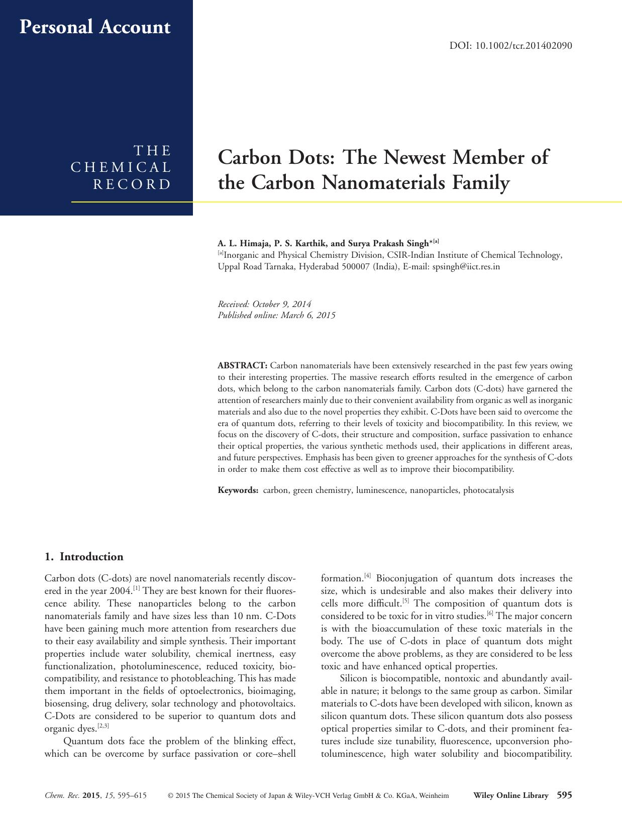 Carbon Dots: The Newest Member of the Carbon Nanomaterials Family by Unknown