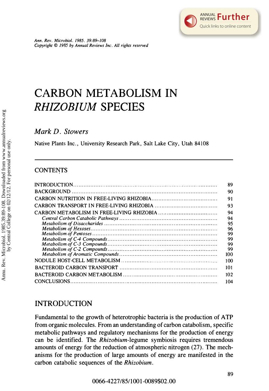 Carbon Metabolism in Rhizobium Species by M D Stowers