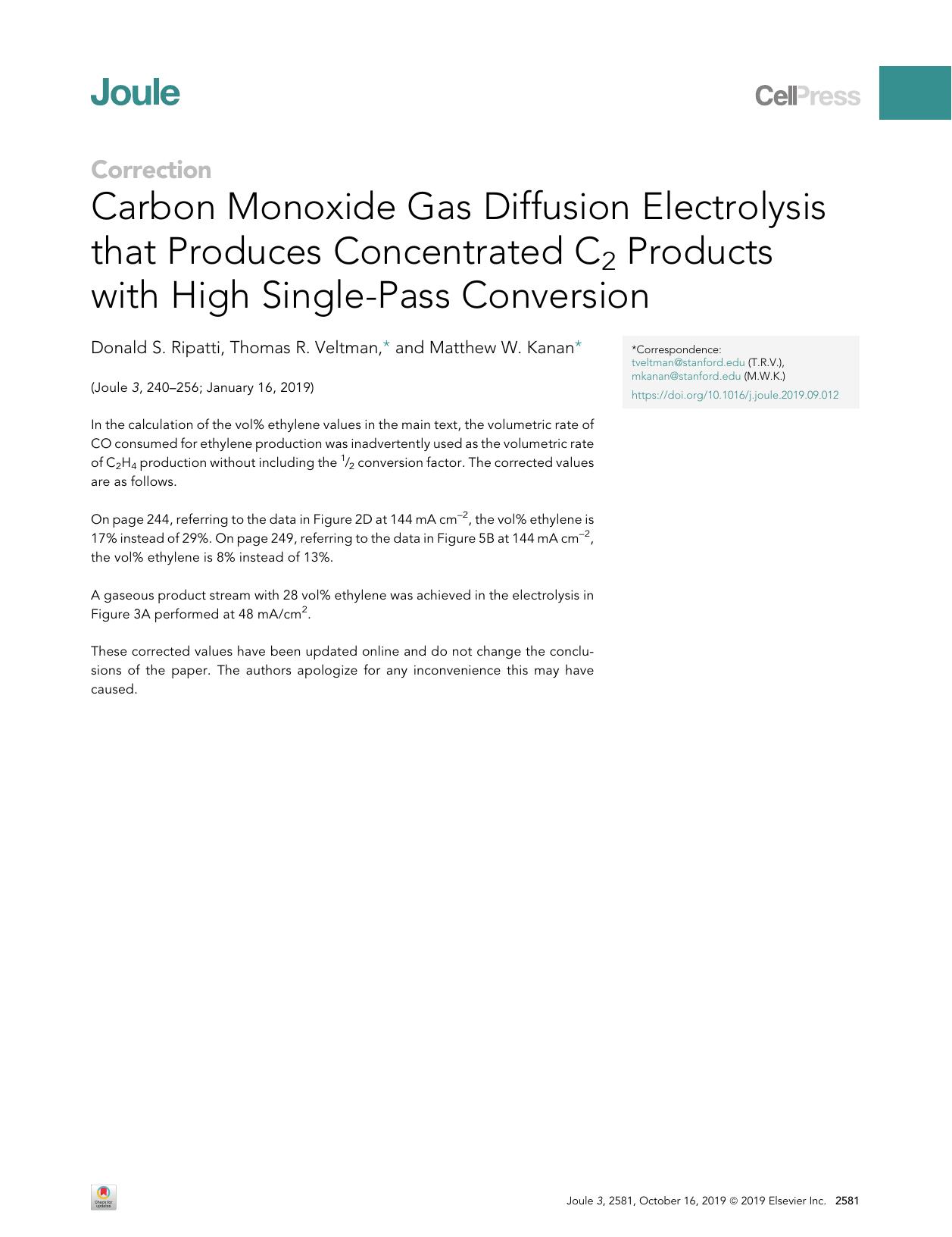 Carbon Monoxide Gas Diffusion Electrolysis that Produces Concentrated C2 Products with High Single-Pass Conversion by Donald S. Ripatti & Thomas R. Veltman & Matthew W. Kanan