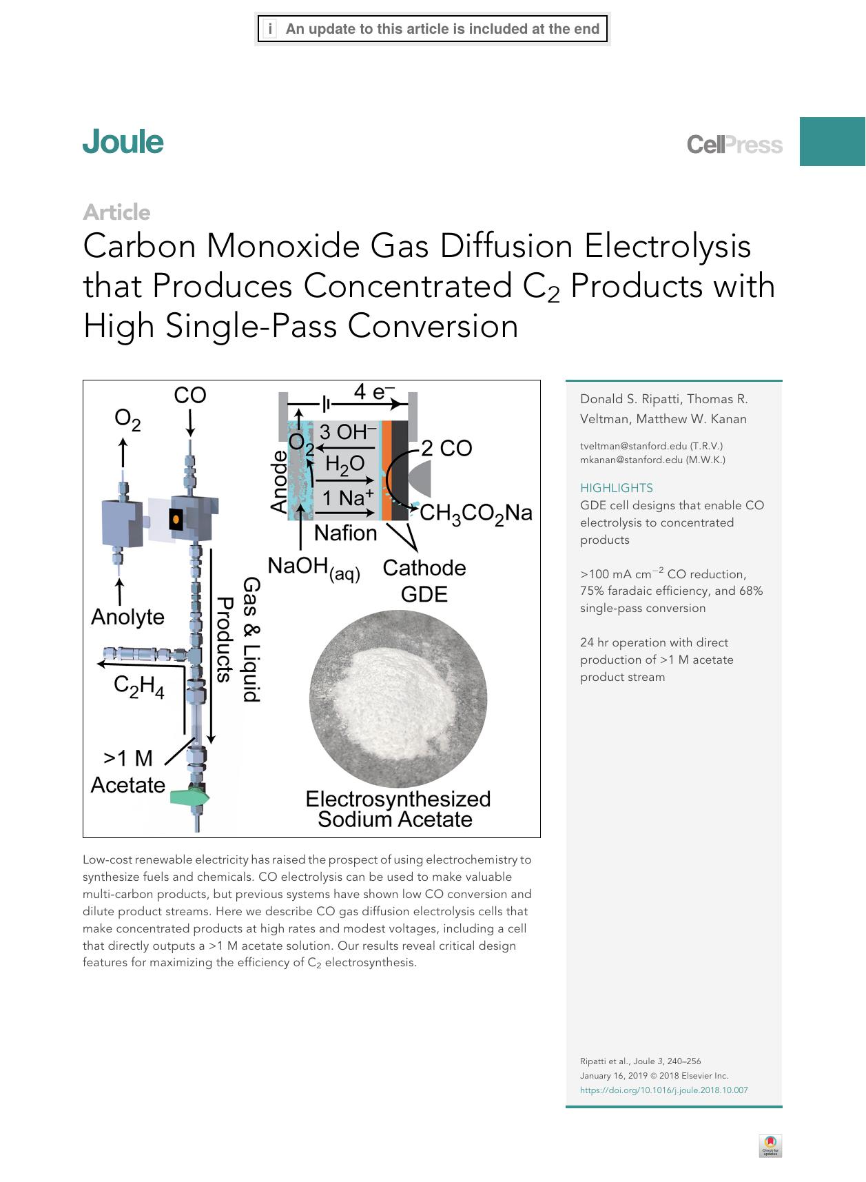Carbon Monoxide Gas Diffusion Electrolysis that Produces Concentrated C2 Products with High Single-Pass Conversion by Donald S. Ripatti