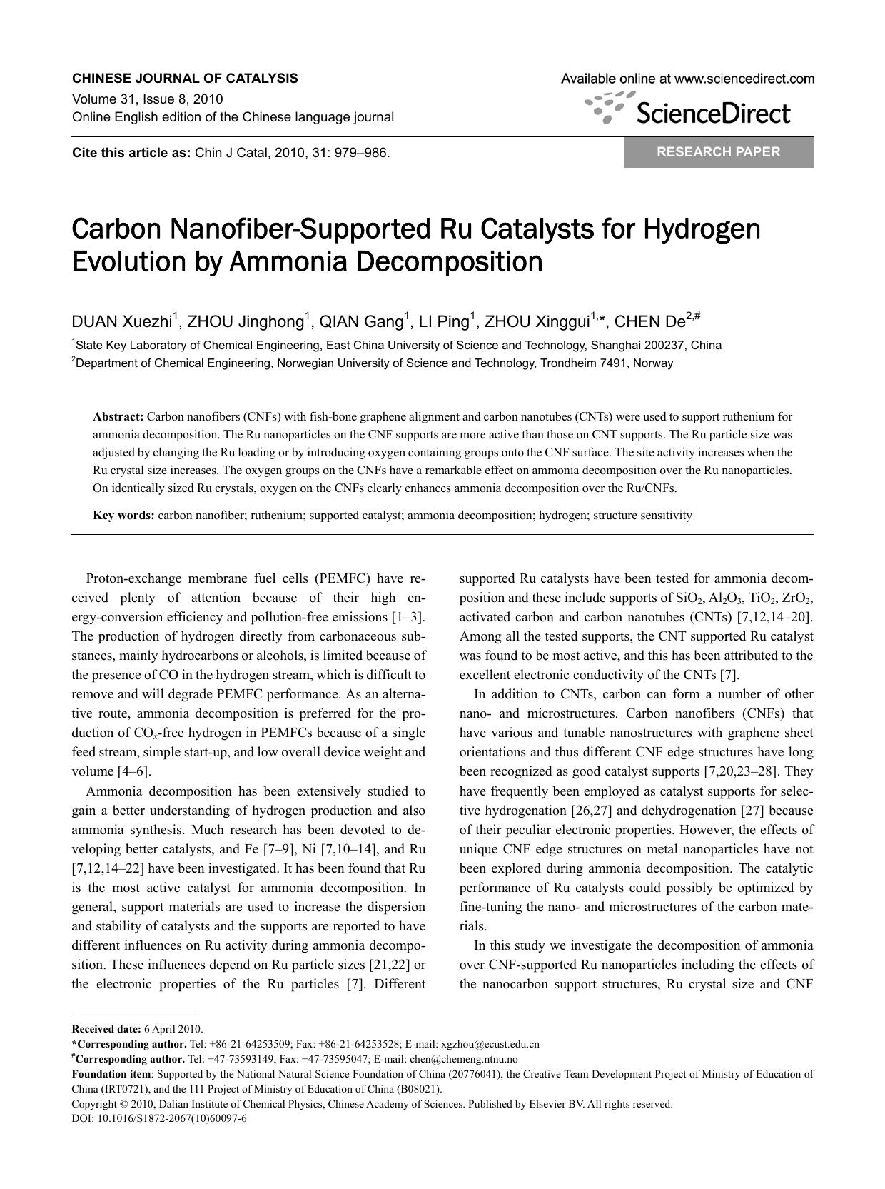 Carbon Nanofiber-Supported Ru Catalysts for Hydrogen Evolution by Ammonia Decomposition by Xuezhi DUAN; Jinghong ZHOU; Gang QIAN; Ping LI; Xinggui ZHOU; De CHEN