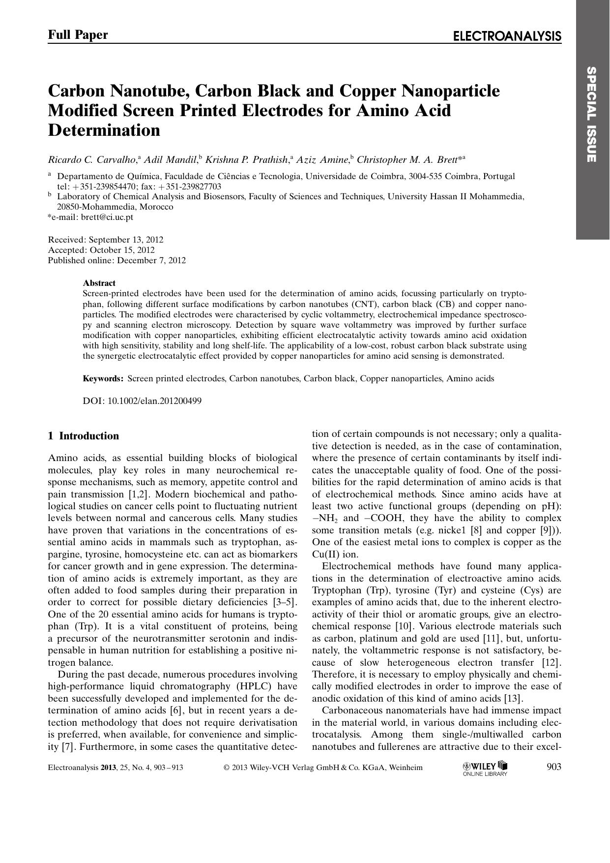 Carbon Nanotube, Carbon Black and Copper Nanoparticle Modified Screen Printed Electrodes for Amino Acid Determination by Unknown