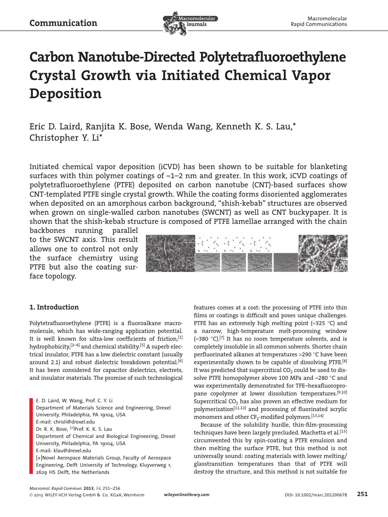 Carbon NanotubeDirected Polytetrafluoroethylene Crystal Growth via Initiated Chemical Vapor Deposition by vng
