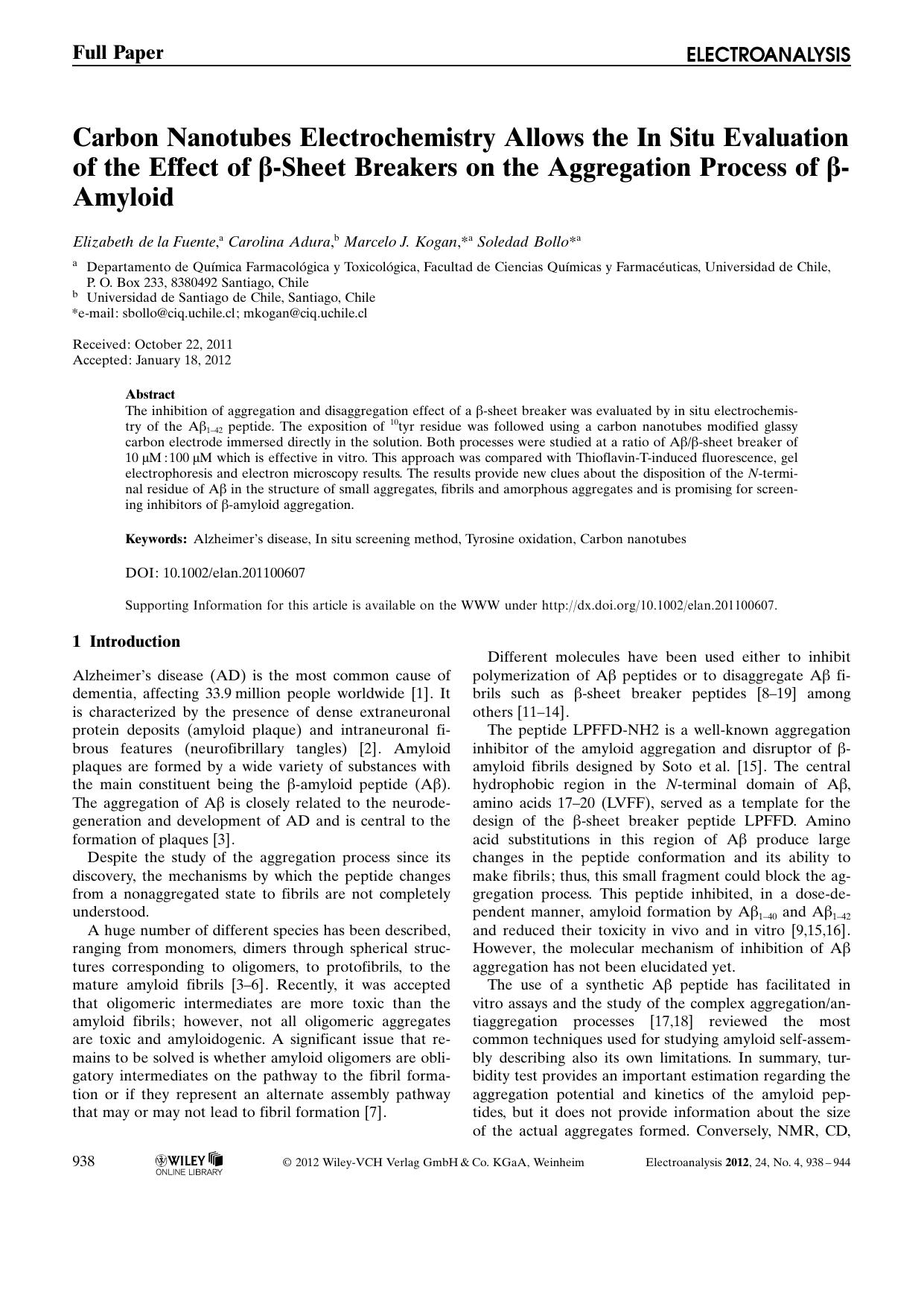 Carbon Nanotubes Electrochemistry Allows the In Situ Evaluation of the Effect of Sheet Breakers on the Aggregation Process of Amyloid by Unknown