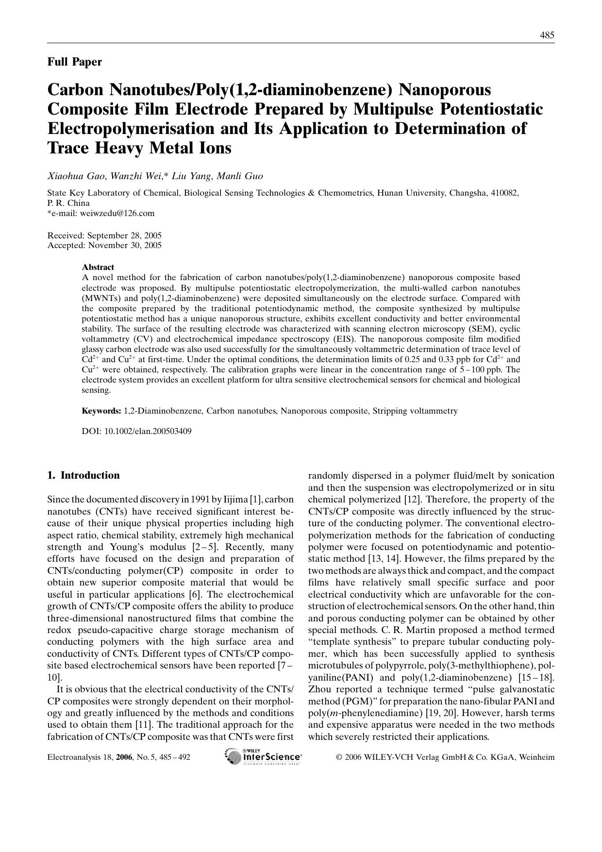 Carbon NanotubesPoly(1,2-diaminobenzene) Nanoporous Composite Film Electrode Prepared by Multipulse Potentiostatic Electropolymerisation and Its Application to Determination of Trace Heavy Metal Ions by Unknown