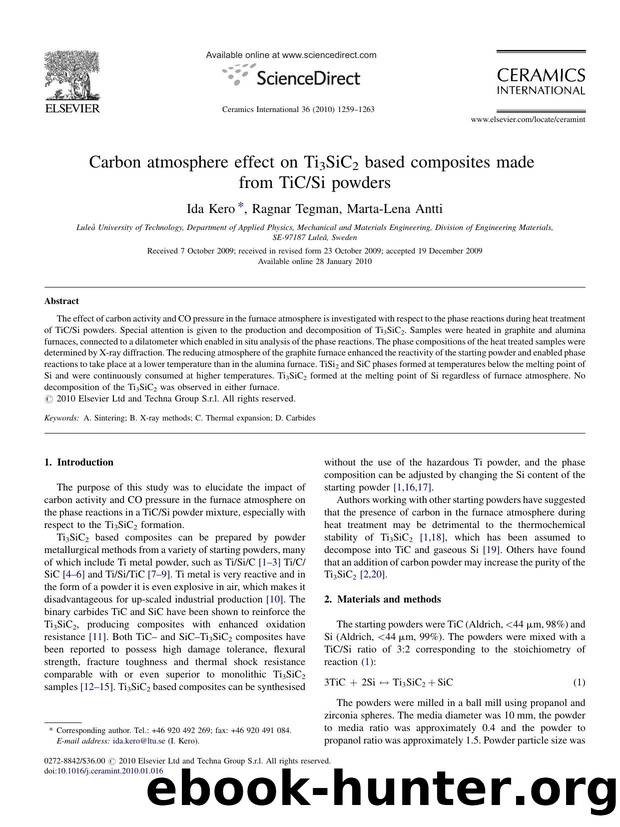 Carbon atmosphere effect on Ti3SiC2 based composites made from TiCSi powders by Ida Kero; Ragnar Tegman; Marta-Lena Antti