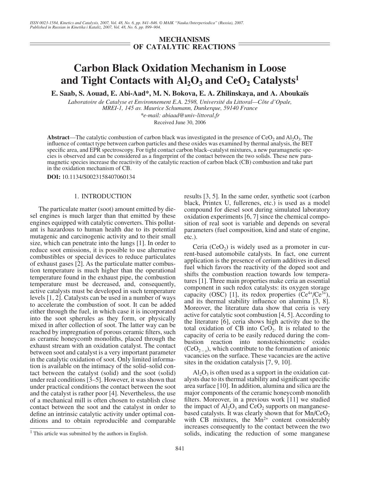 Carbon black oxidation mechanism in loose and tight contacts with Al<Subscript>2<Subscript>O<Subscript>3<Subscript> and CeO<Subscript>2<Subscript> catalysts by Unknown