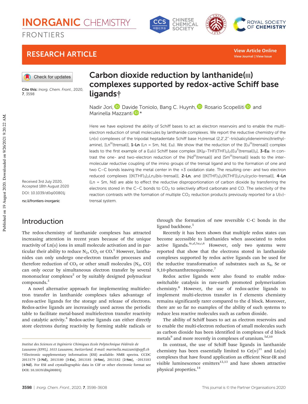 Carbon dioxide reduction by lanthanide(III) complexes supported by redox-active Schiff base ligands by Nadir Jori Davide Toniolo Bang C. Huynh Rosario Scopelliti Marinella Mazzanti
