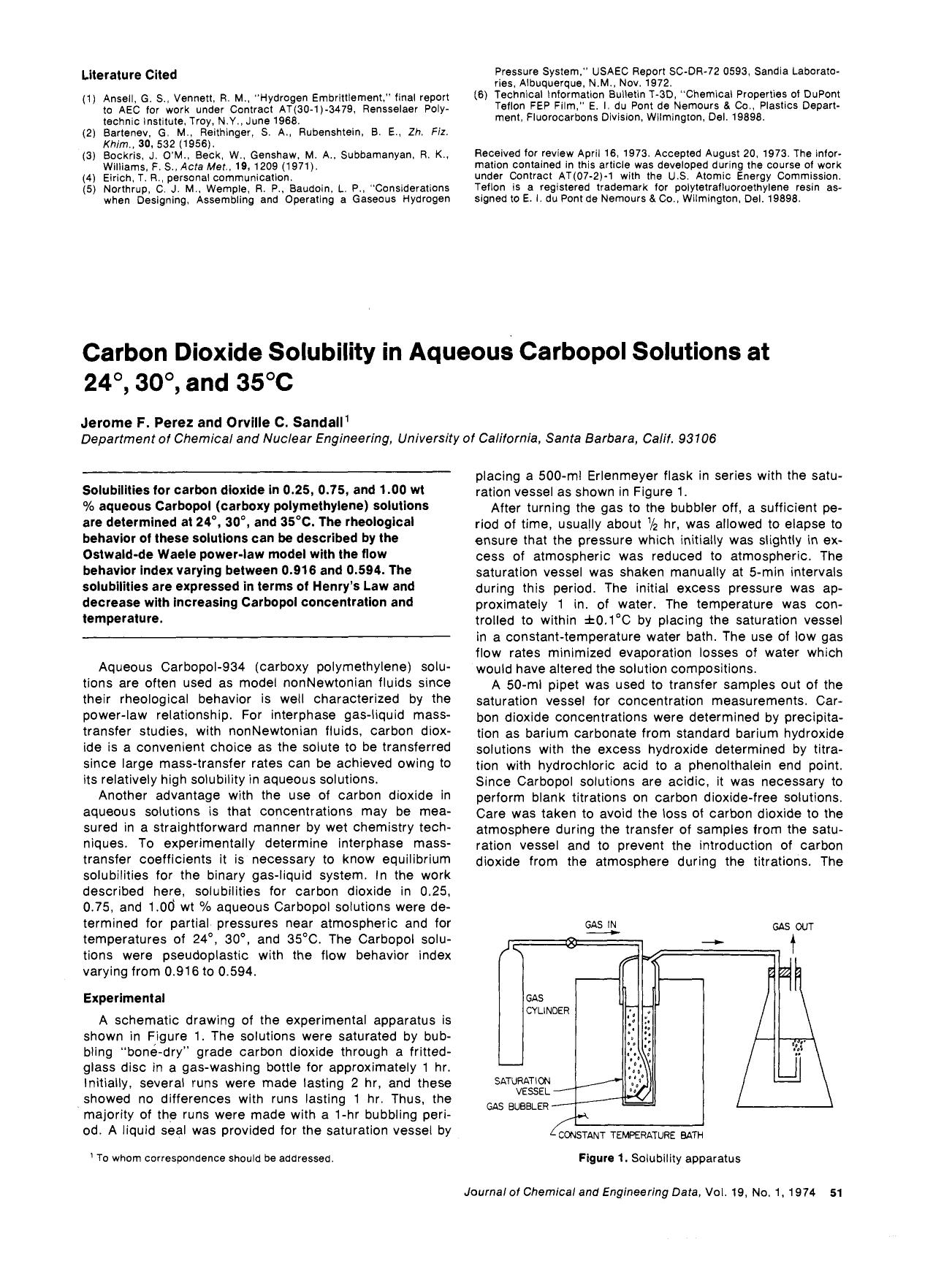 Carbon dioxide solubility in aqueous carbopol solutions at 24.deg., 30.deg., and 35.deg. by Jerome F. Perez Orville C. Sandall