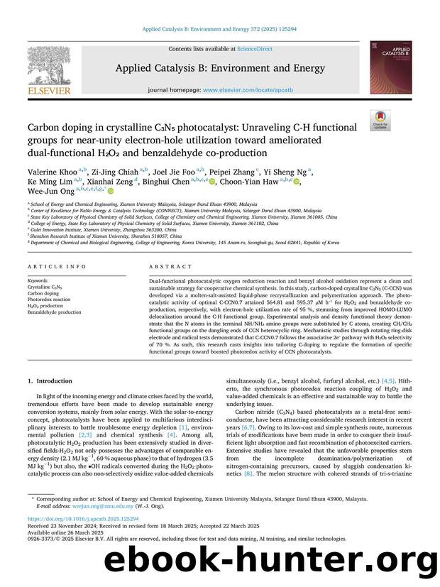 Carbon doping in crystalline CâNâ photocatalyst: Unraveling C-H functional groups for near-unity electron-hole utilization toward ameliorated dual-functional HâOâ and benza by unknow