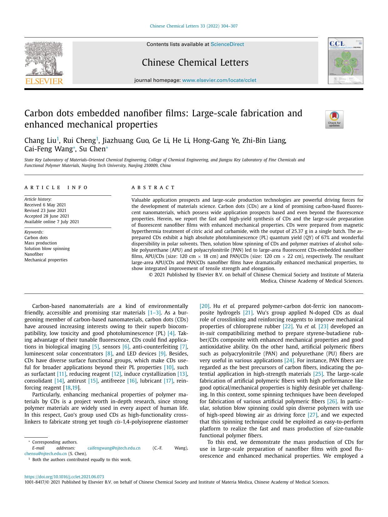Carbon dots embedded nanofiber films: Large-scale fabrication and enhanced mechanical properties by unknow