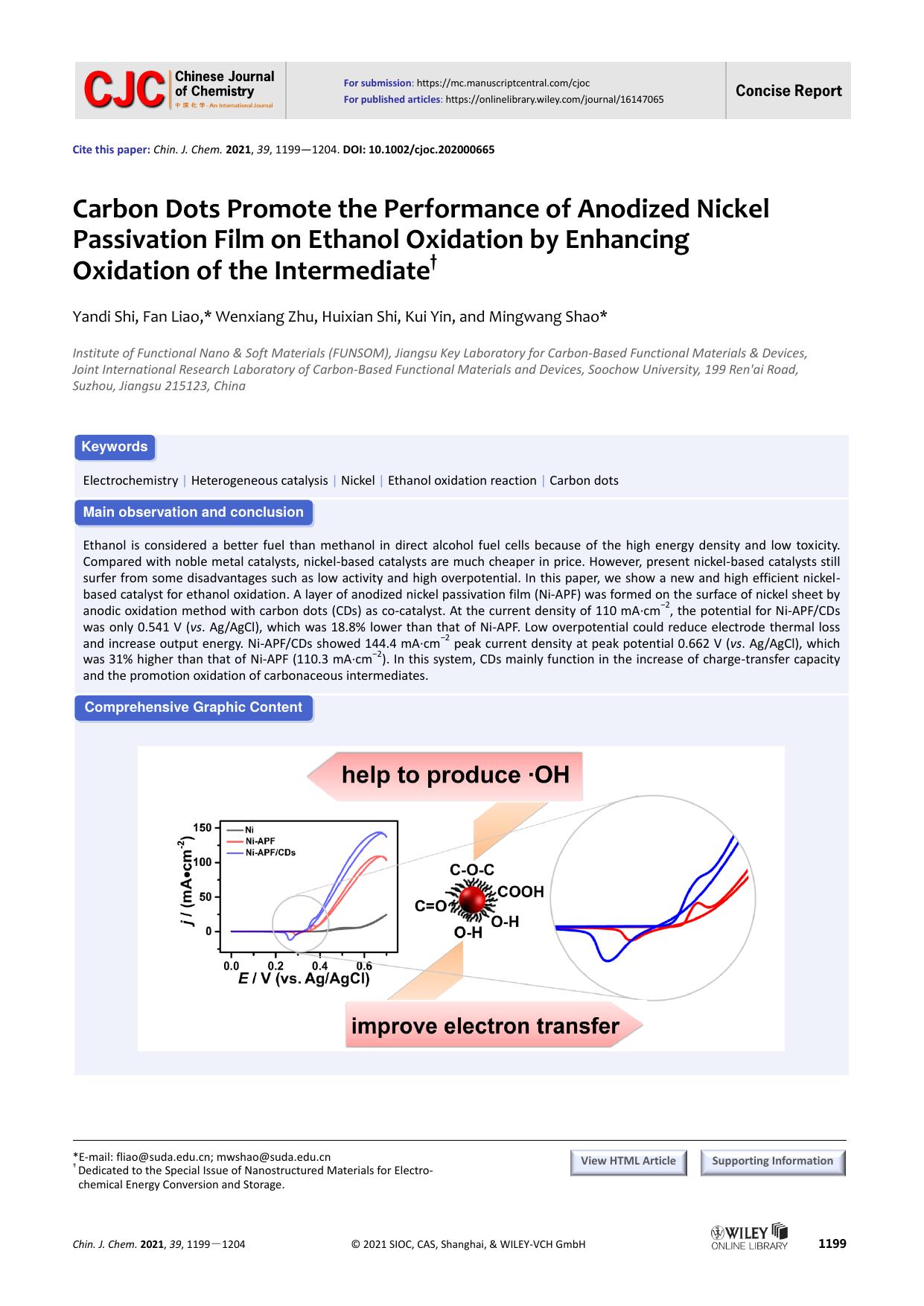 Carbon dots promote the performance of anodized nickel pas-sivation film on ethanol oxidation by enhancing the oxidation of the intermediate by grh
