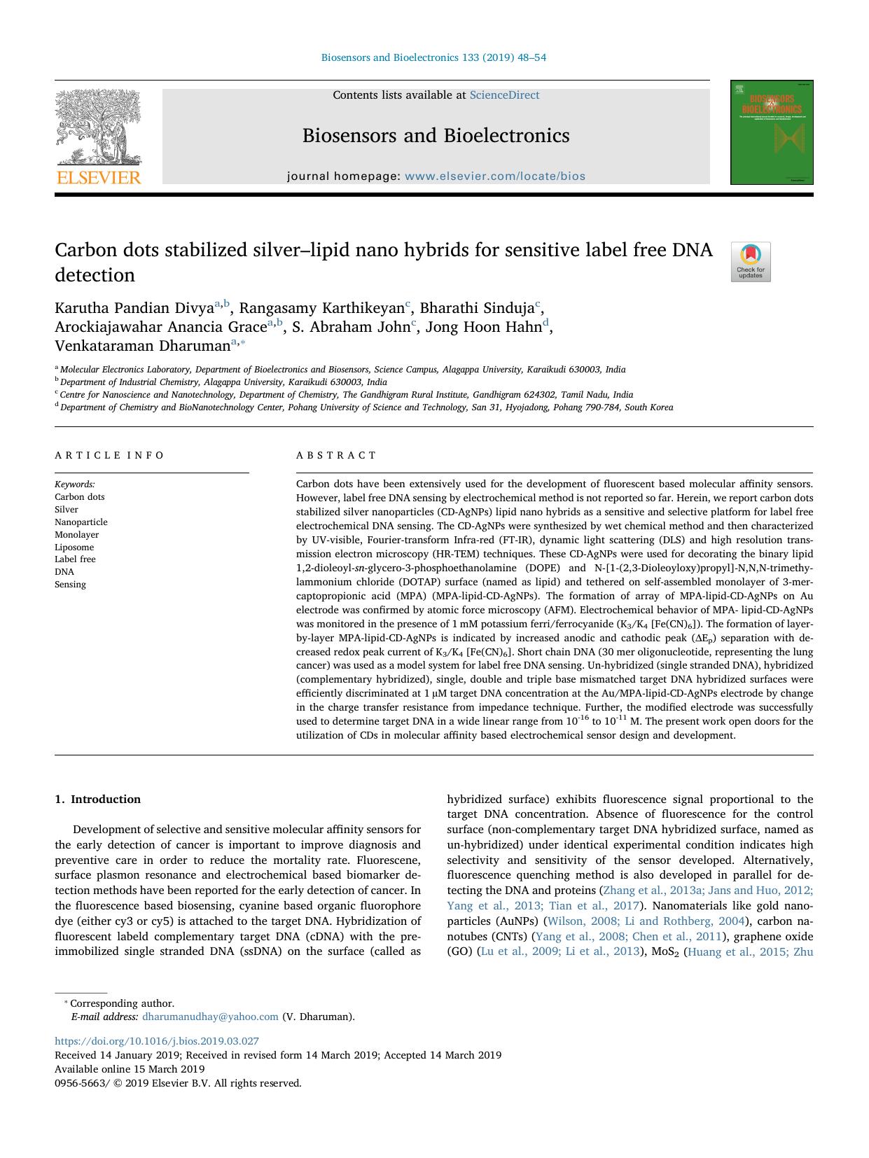 Carbon dots stabilized silverâlipid nano hybrids for sensitive label free DNA detection by unknow